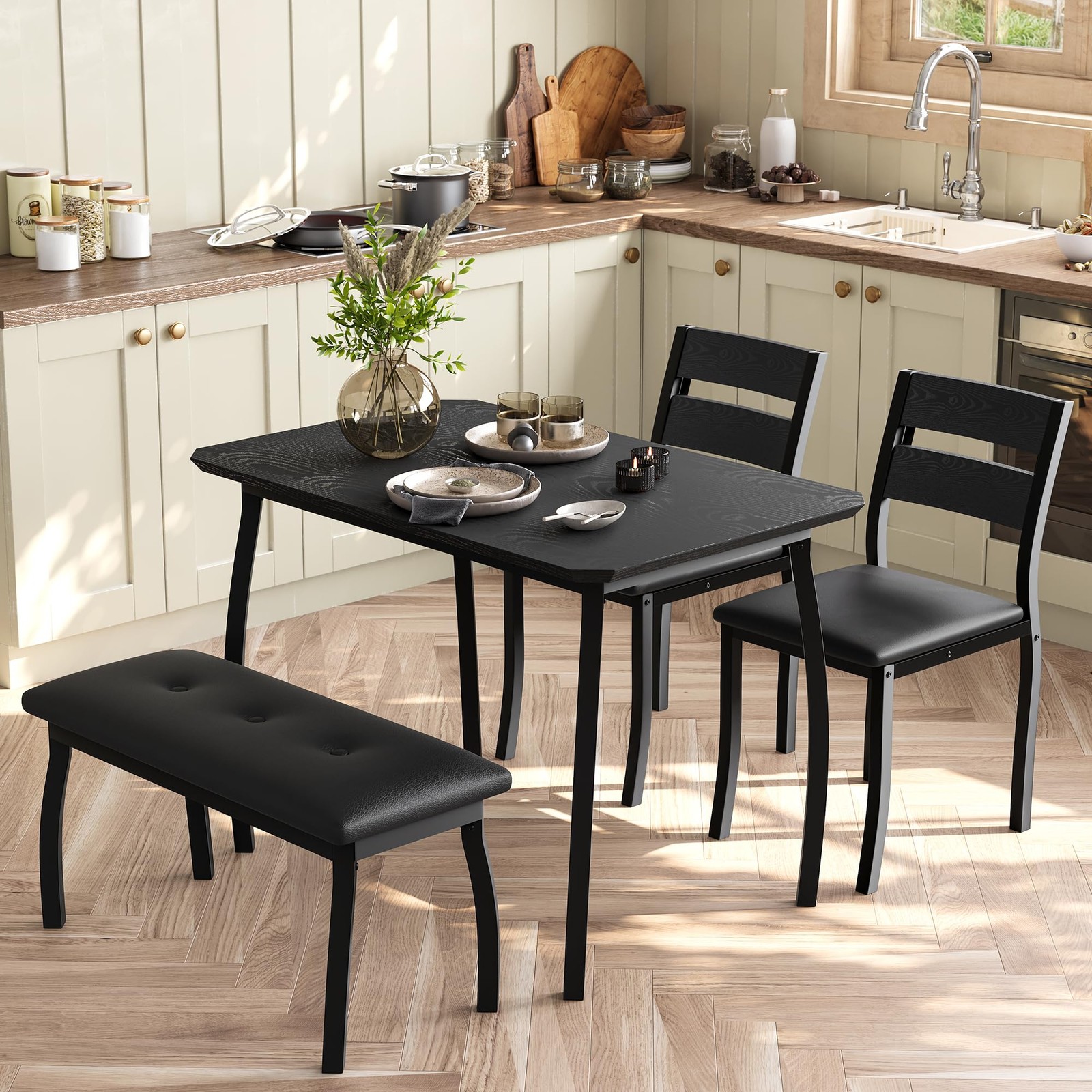 43 Inch 4 Piece Kitchen Table Set with Bench & 2 Cushion Chairs for Small Studio