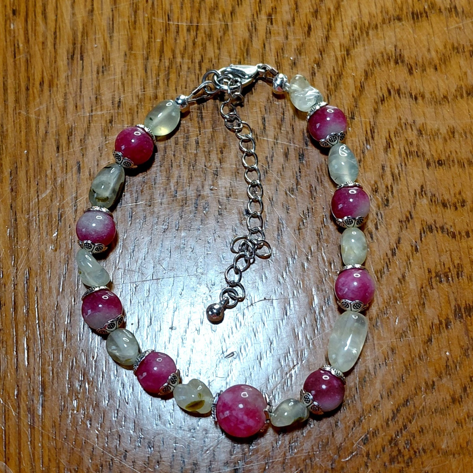 Handmade silver tone bracelet watermelon tourmaline prehnite