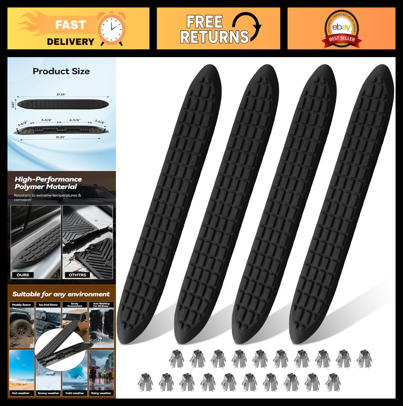 Upgraded 3" Round Tube Nerf Bar Replacement Pads, 21" Long x 3" Wide, Set of 4