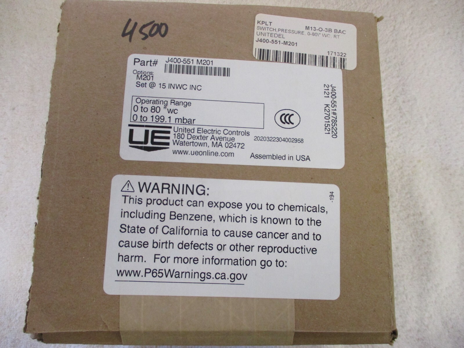 NIB United Electric Controls Pressure Switch        J400-551     Factory Sealed