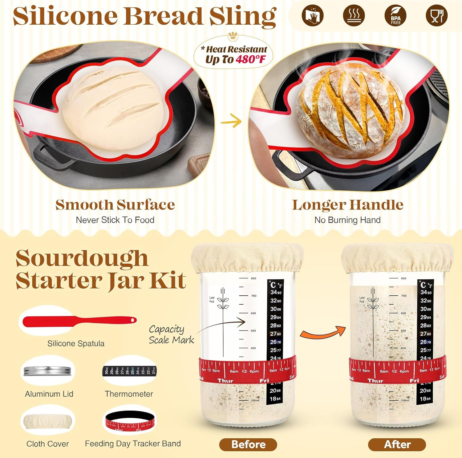 Sourdough Starter Kit Bread Baking Supplies | Proofing Basket Jar Tools Set