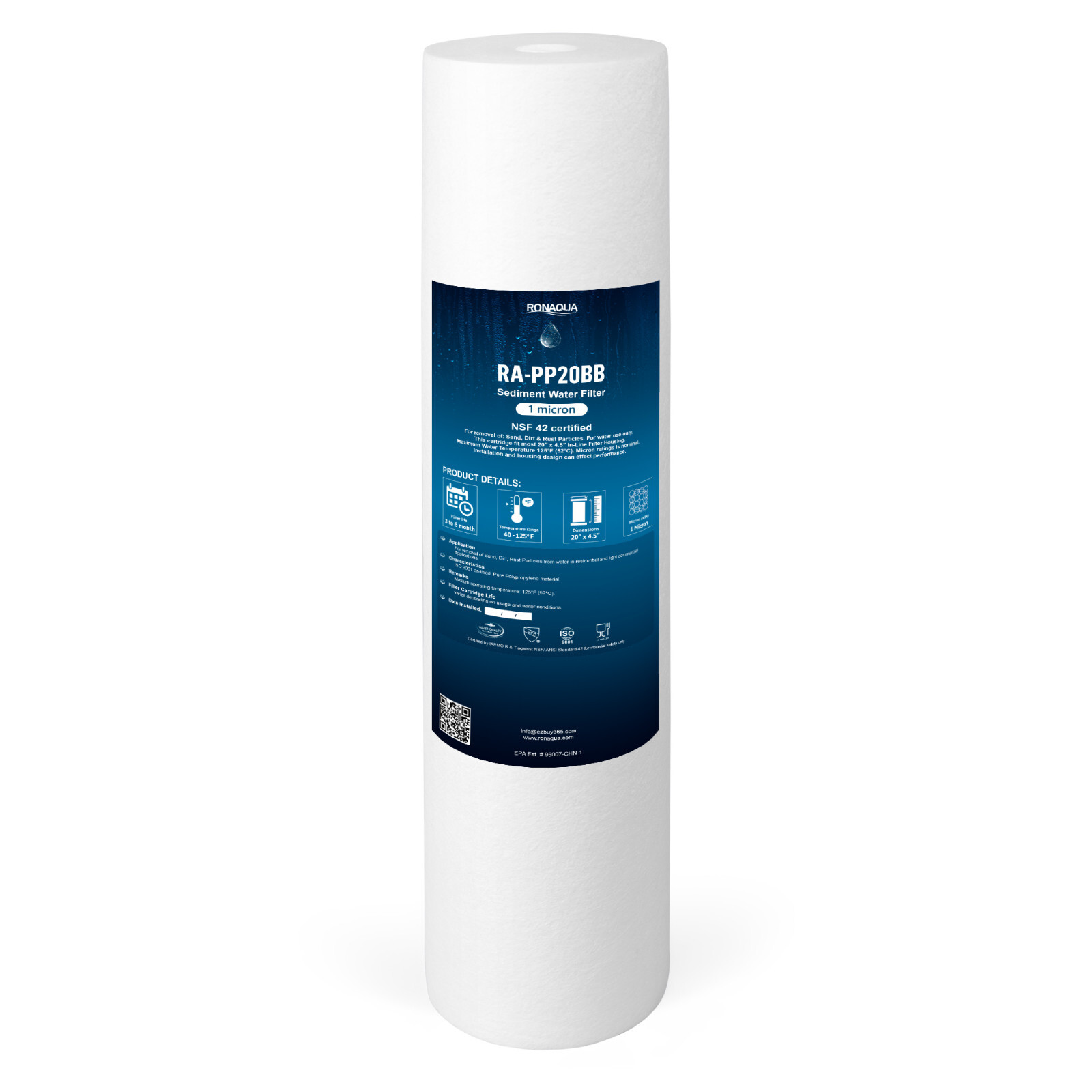 4.5" x 20" Big Blue Sediment Water Filters (1 Micron) 1 Whole House Cardridge
