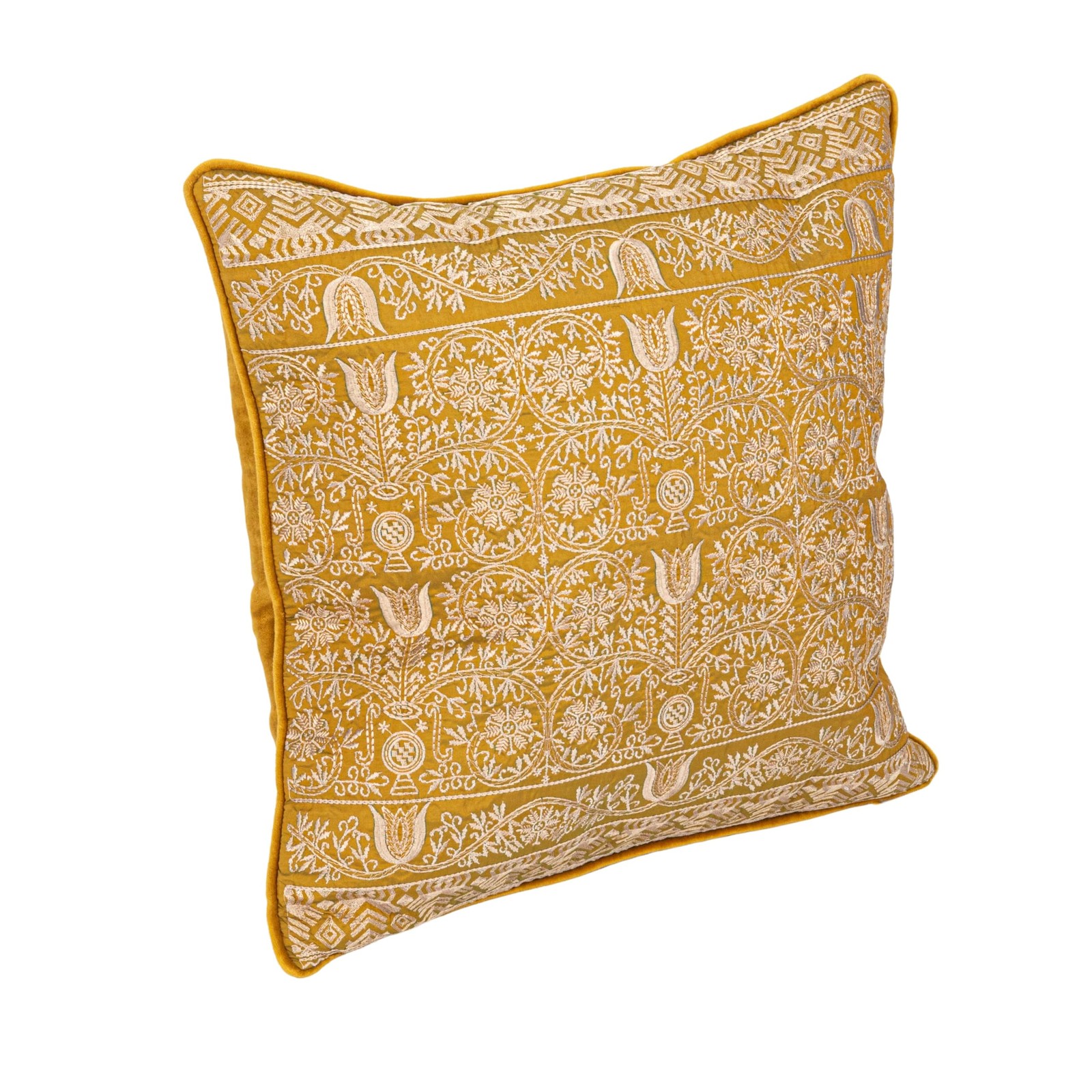 Cotton Velvet Pattern and Piping Pillow, Chartreuse, Square, Multi