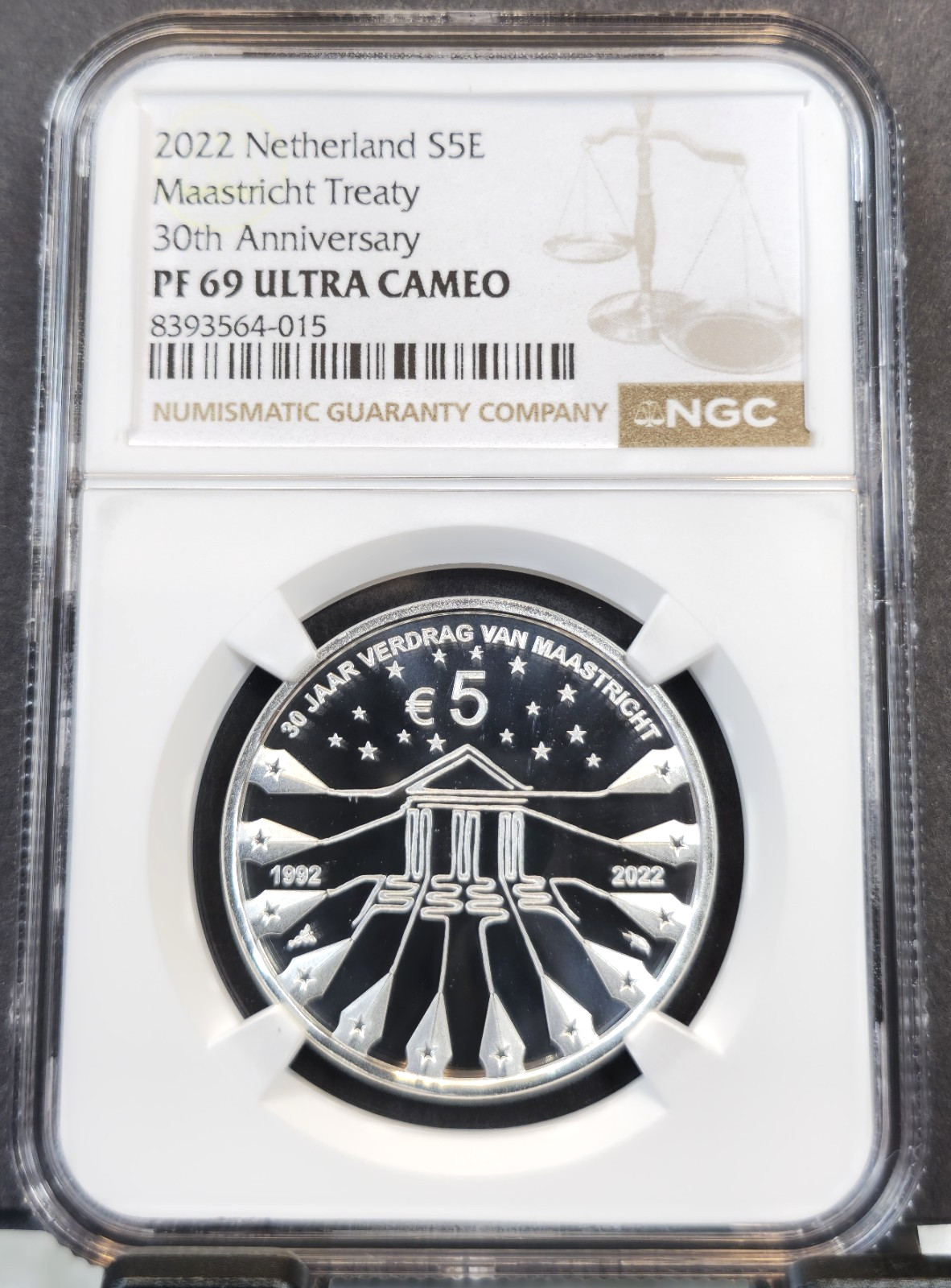 2022 NETHERLANDS SILVER 5 EURO MAASTRICHT TREATY NGC PF 69 ULTRA CAMEO RARE