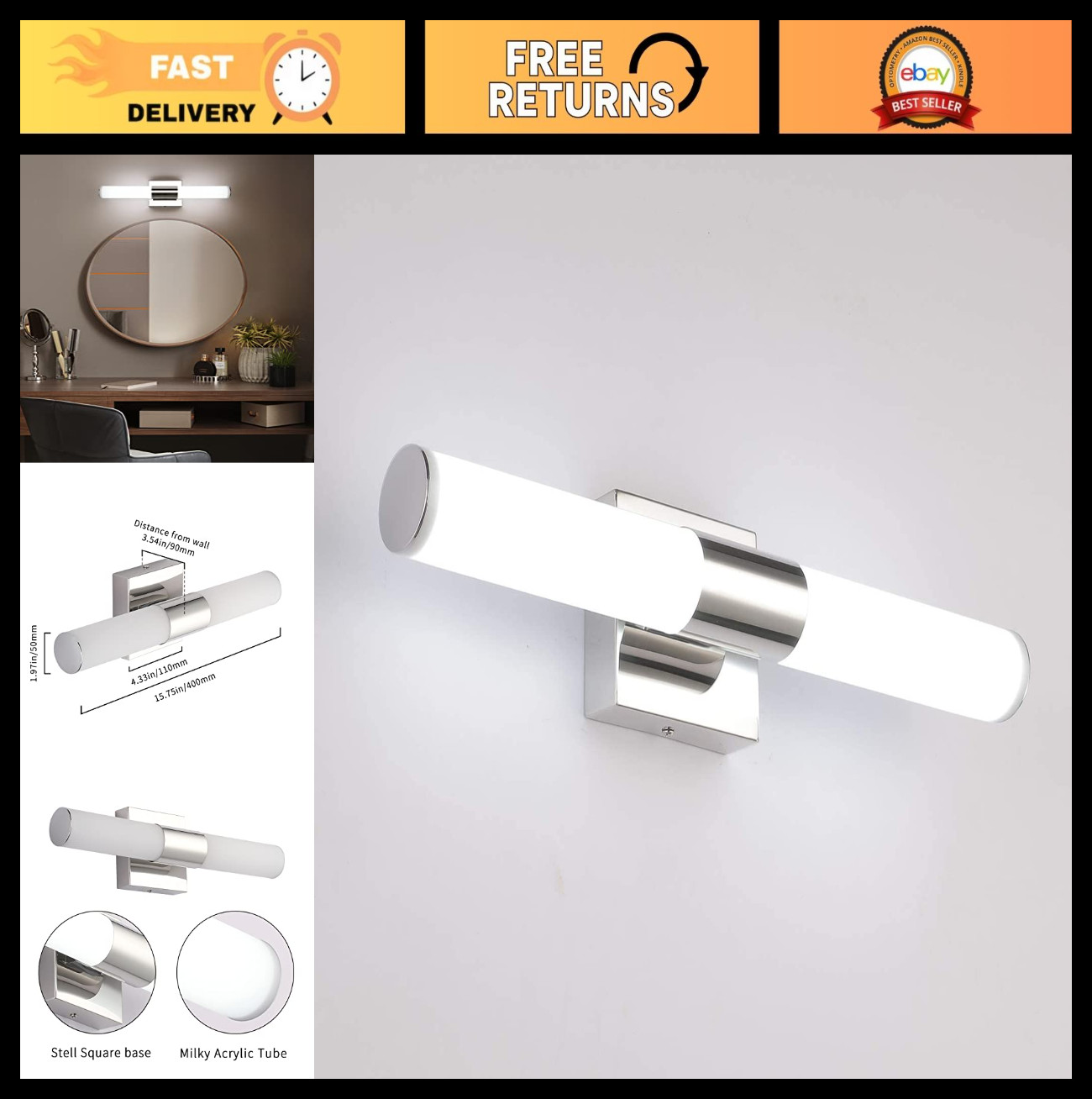16" Chrome LED Bathroom Vanity Light Fixture, 8W 6000K Wall Sconces for Bar Ligh