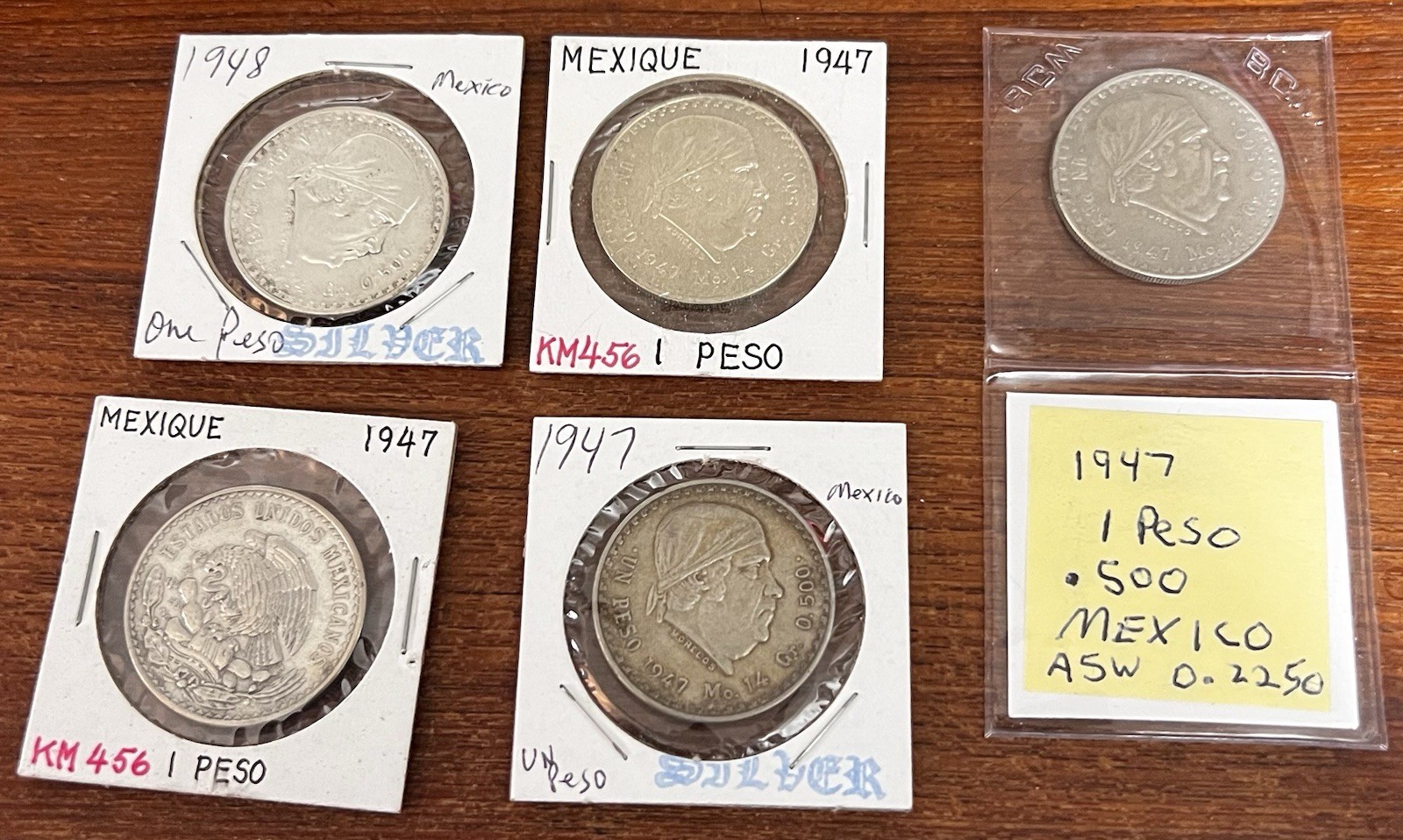 1947/48 Mexico One Peso Silver Coins Excellent Condition (lot Of Five Coins)