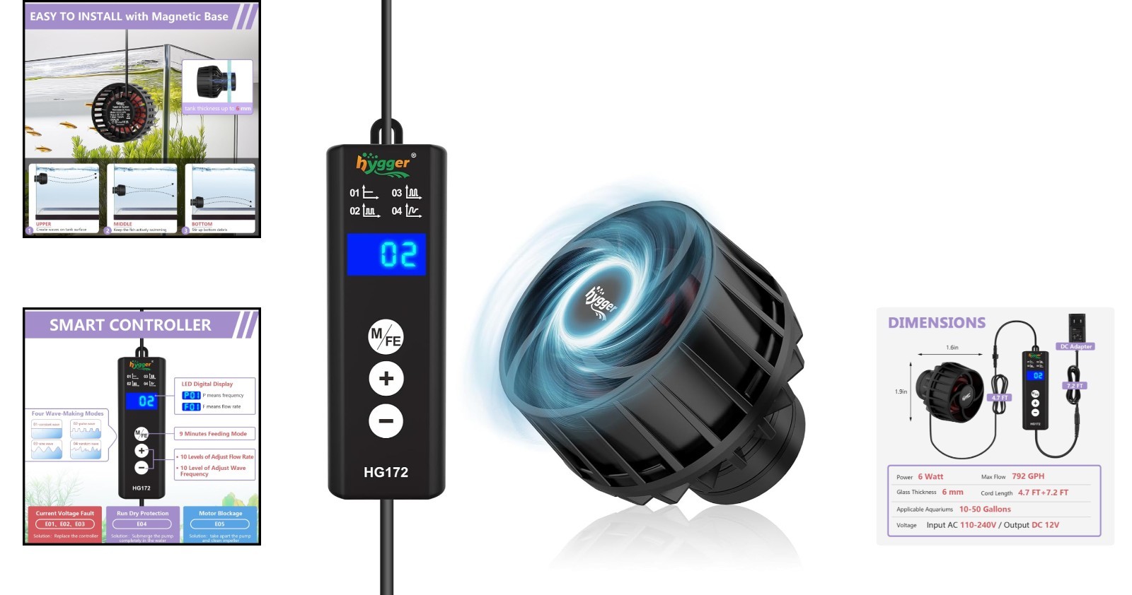 Lite Wave Maker for 10-50 Gallon Aquariums - Adjustable 792 GPH Circulation Pump