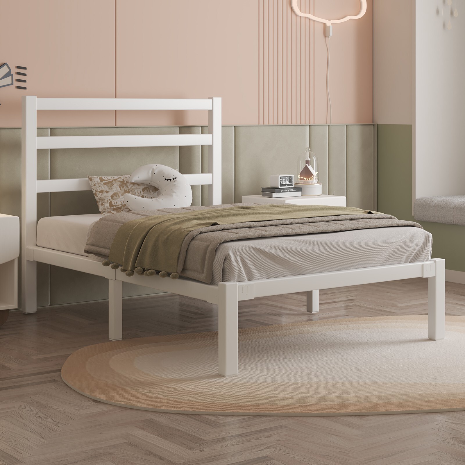 Twin Size Bed Frame with Headboard Strong Metal Slats Support
