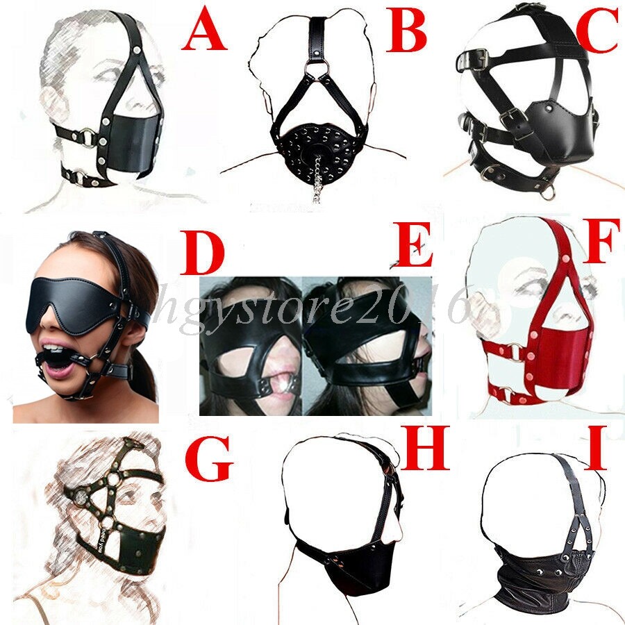 Faux Leather Head Hood Open Mouth Gags Muzzle Strap Half Face  Restraint