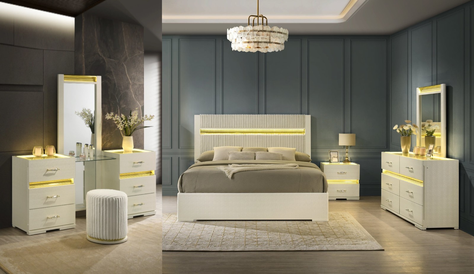 NEW Modern 4PC LED Ivory Queen King Contemporary Bed/D/M/N Optional Vanity Set