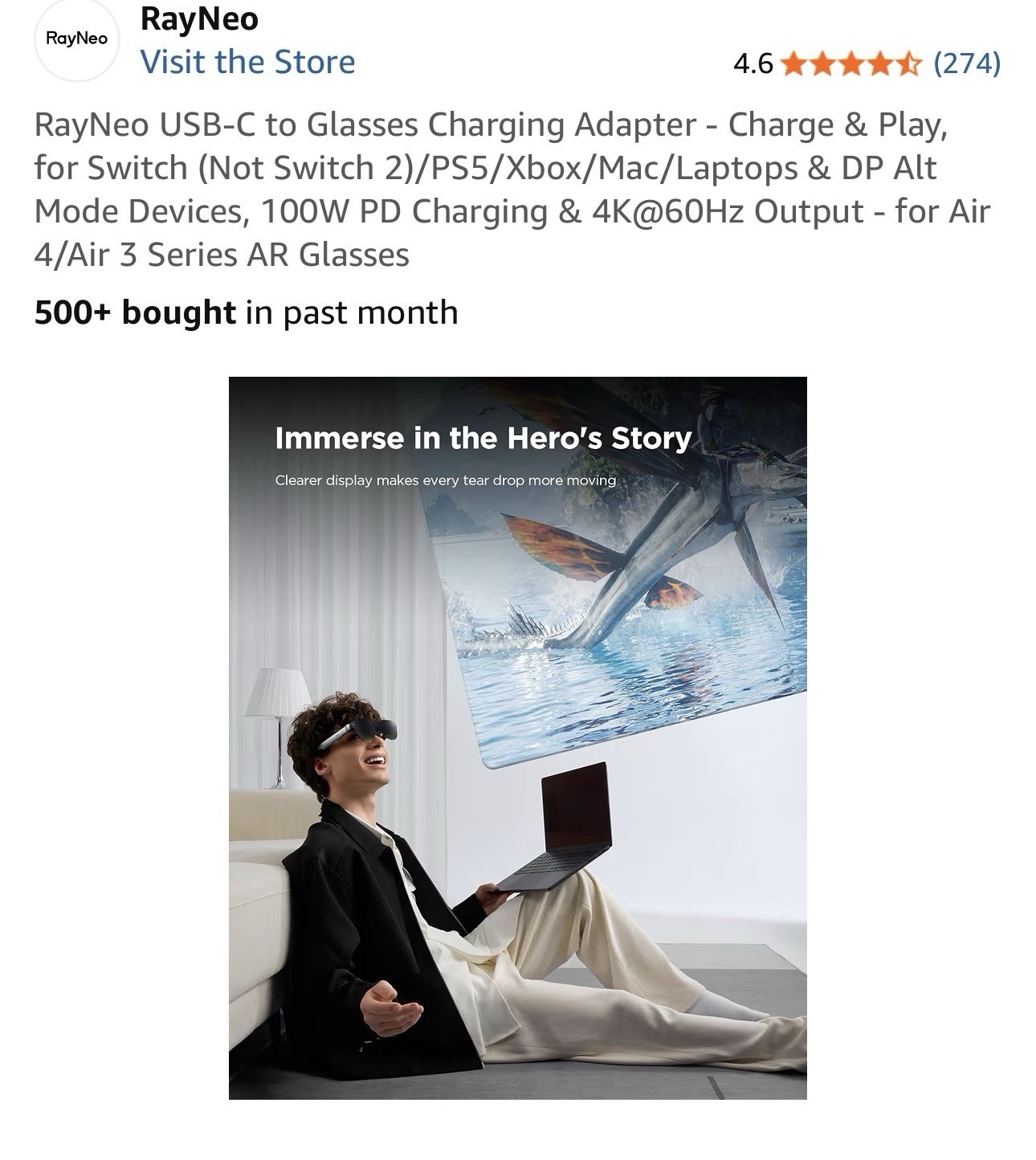 RayNeo USB-C to Glasses Charging Adapter - Charge & Play, for Switch