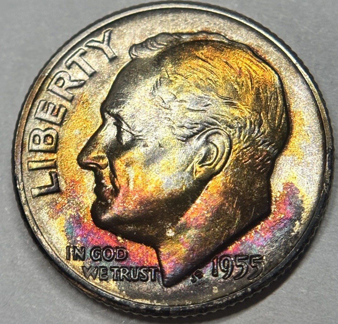 1955 D Roosevelt Dime FULL BANDS Rainbow Neon Toned Coin.