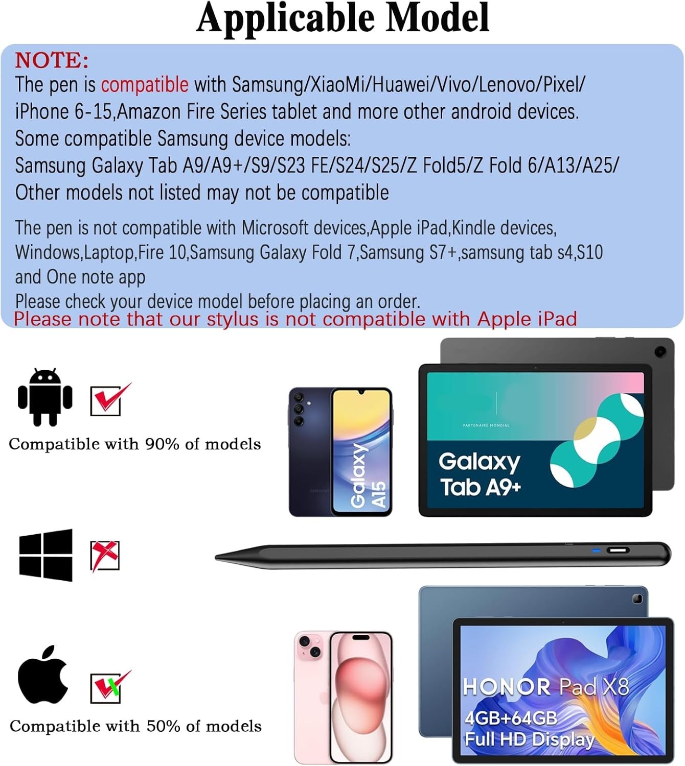 High Precision Stylus Pen for Android Tablets & iPhone with USB-C Charging