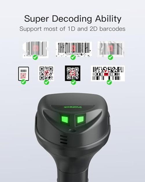 Wireless Barcode Scanner, 1D/2D QR Code Scanner with Smart Base,