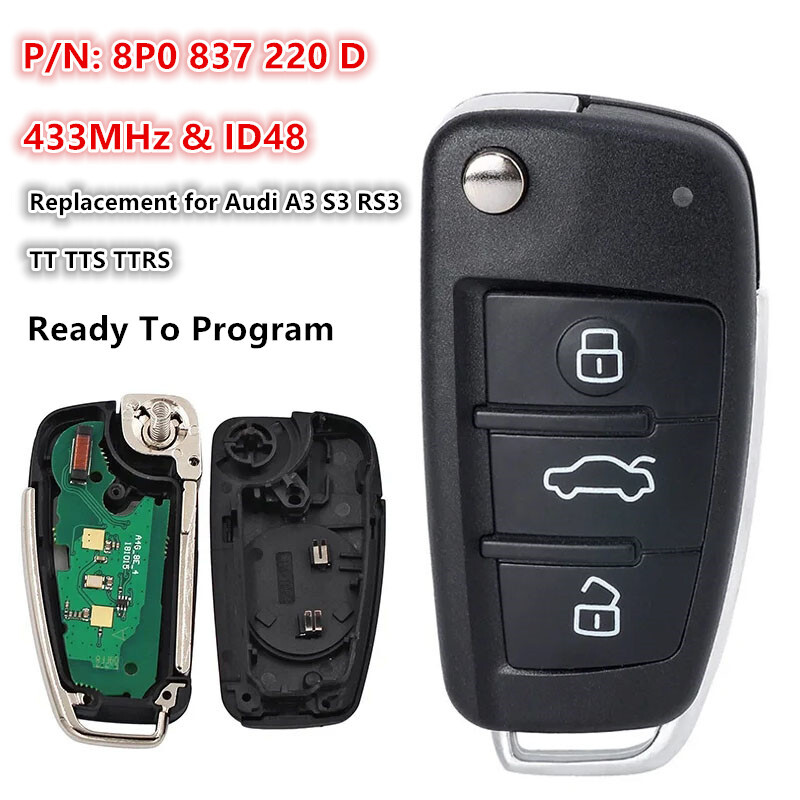 for Audi A3 S3 RS3 TT TTS TTRS Remote Flip Key Fob 8P0837220D, 8P0 837 220 D
