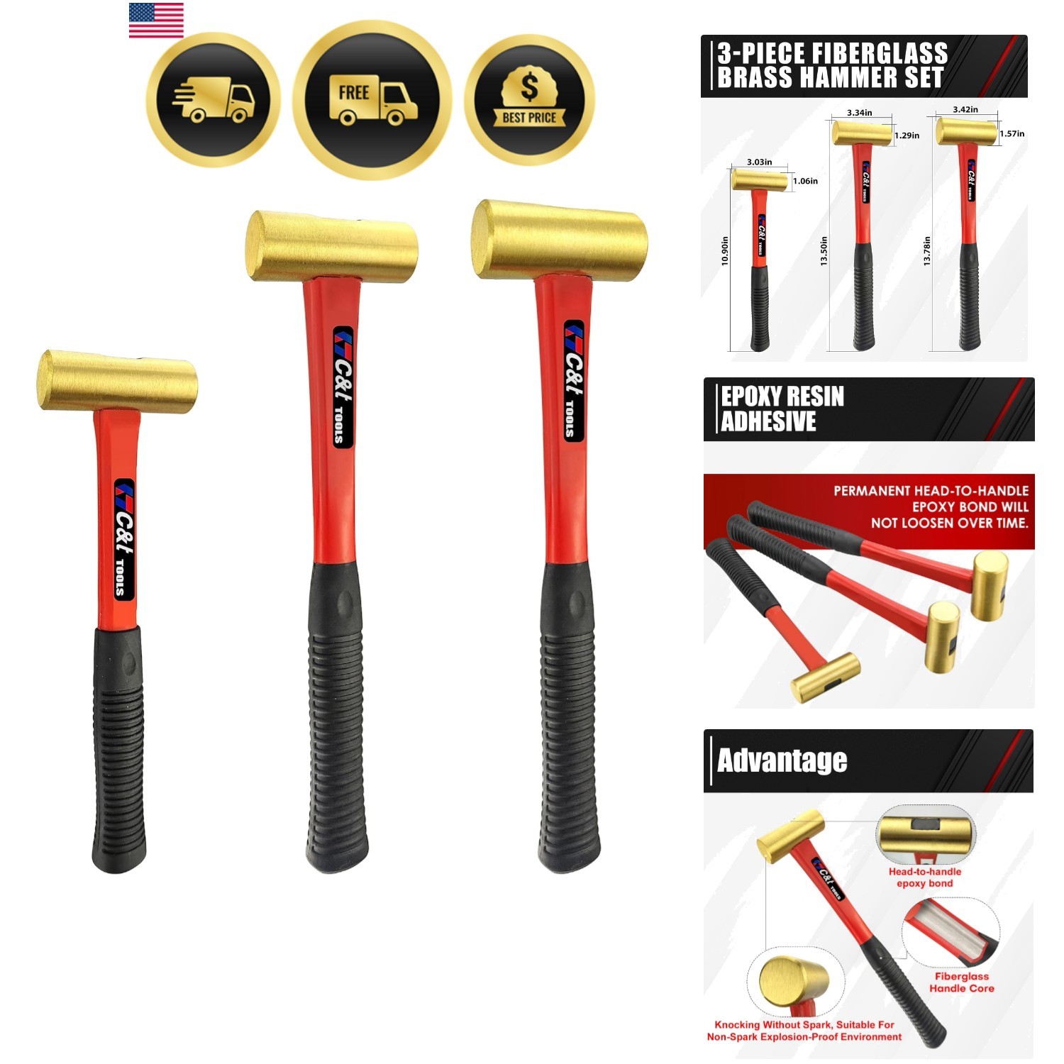 3-Piece Hammer Set, Jacketed Fiberglass Solid Brass Non-Sparking Hammers, 16,...