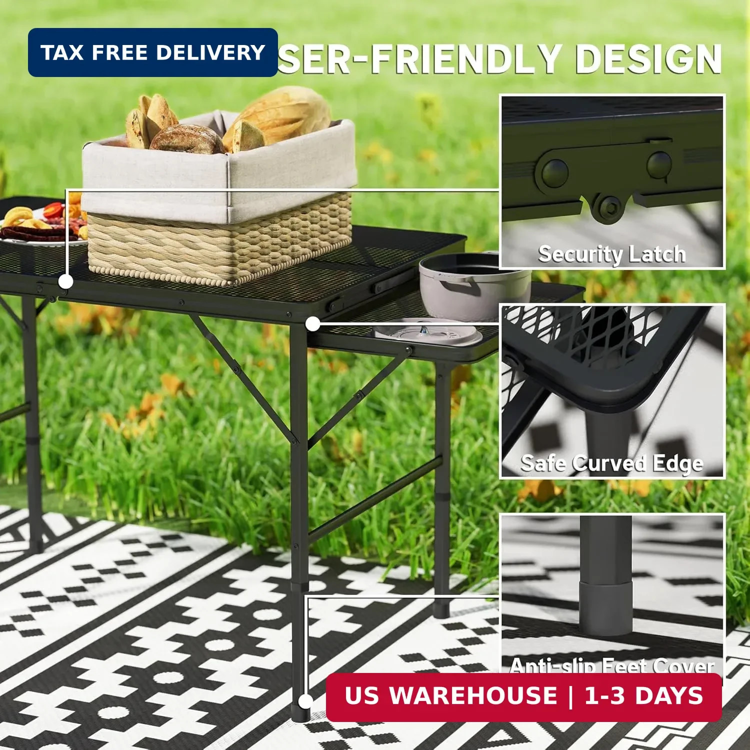 Outsunny Folding Grill Table, 4.5 ft Portable Camping Table with 2 Wing Panels,
