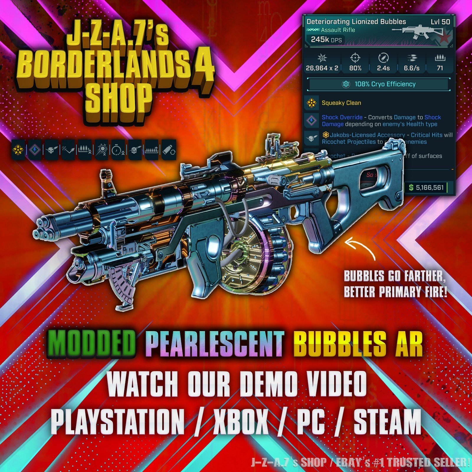 Borderlands 4✨ MODDED BUBBLES ASSAULT RIFLE PEARLESCENT BL4 GEAR ✅PC-PS-XBOX✨