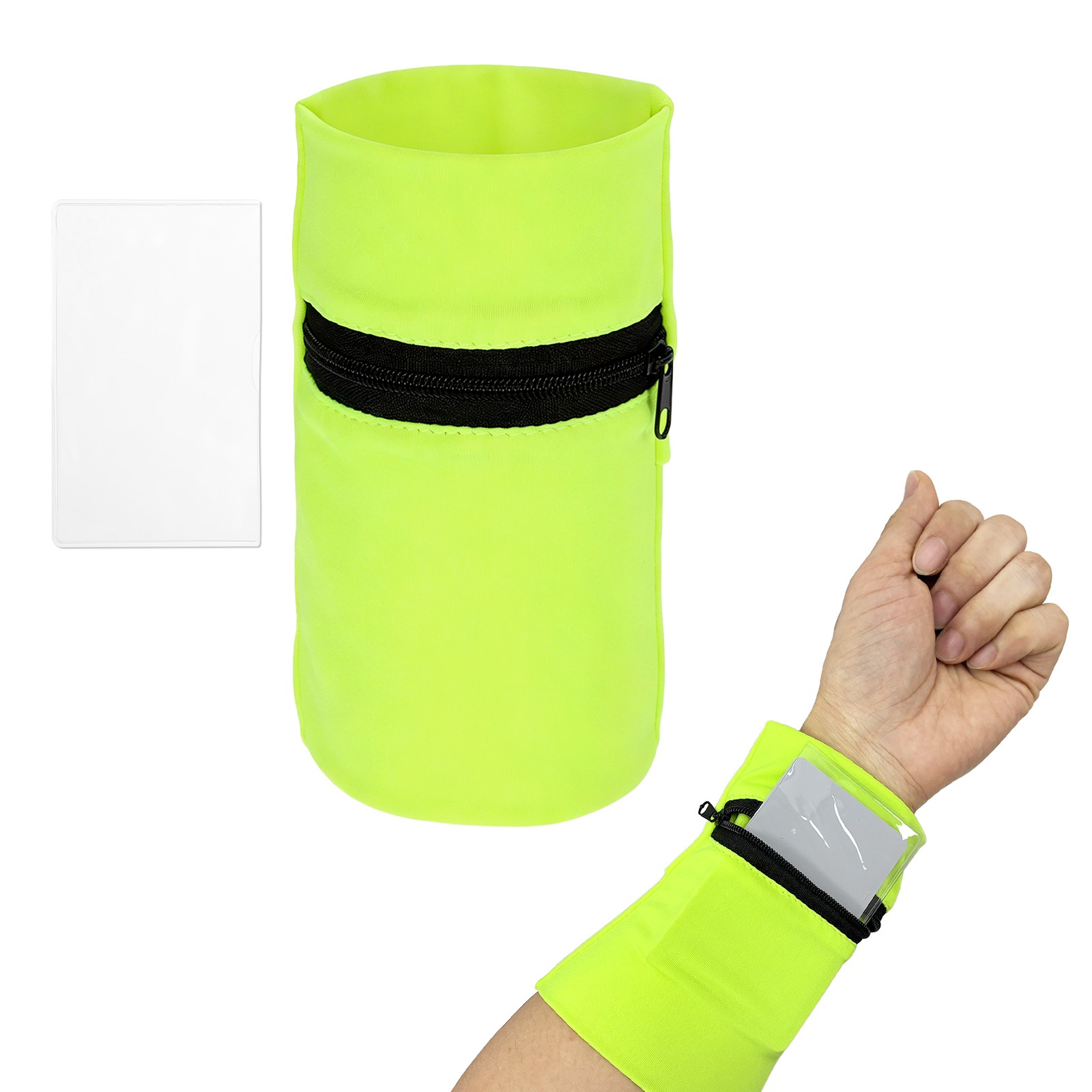 Wrist Pouch, Wrist Wallet Wristband with PVC Card Pouch &Fluorescent Green
