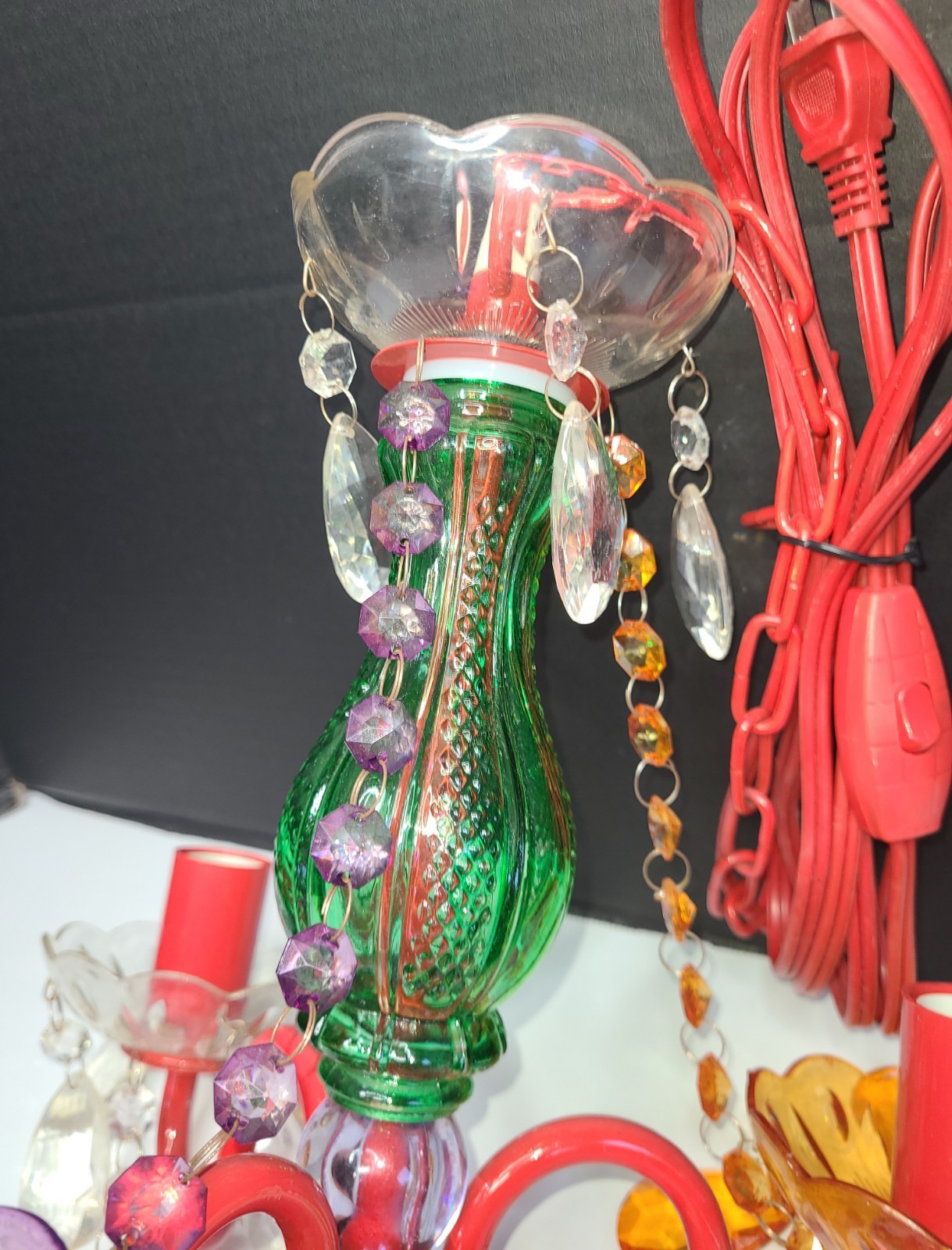 Multicolor 3 Light Chandelier Acrylic Crystal Glass Central Stem Plug In