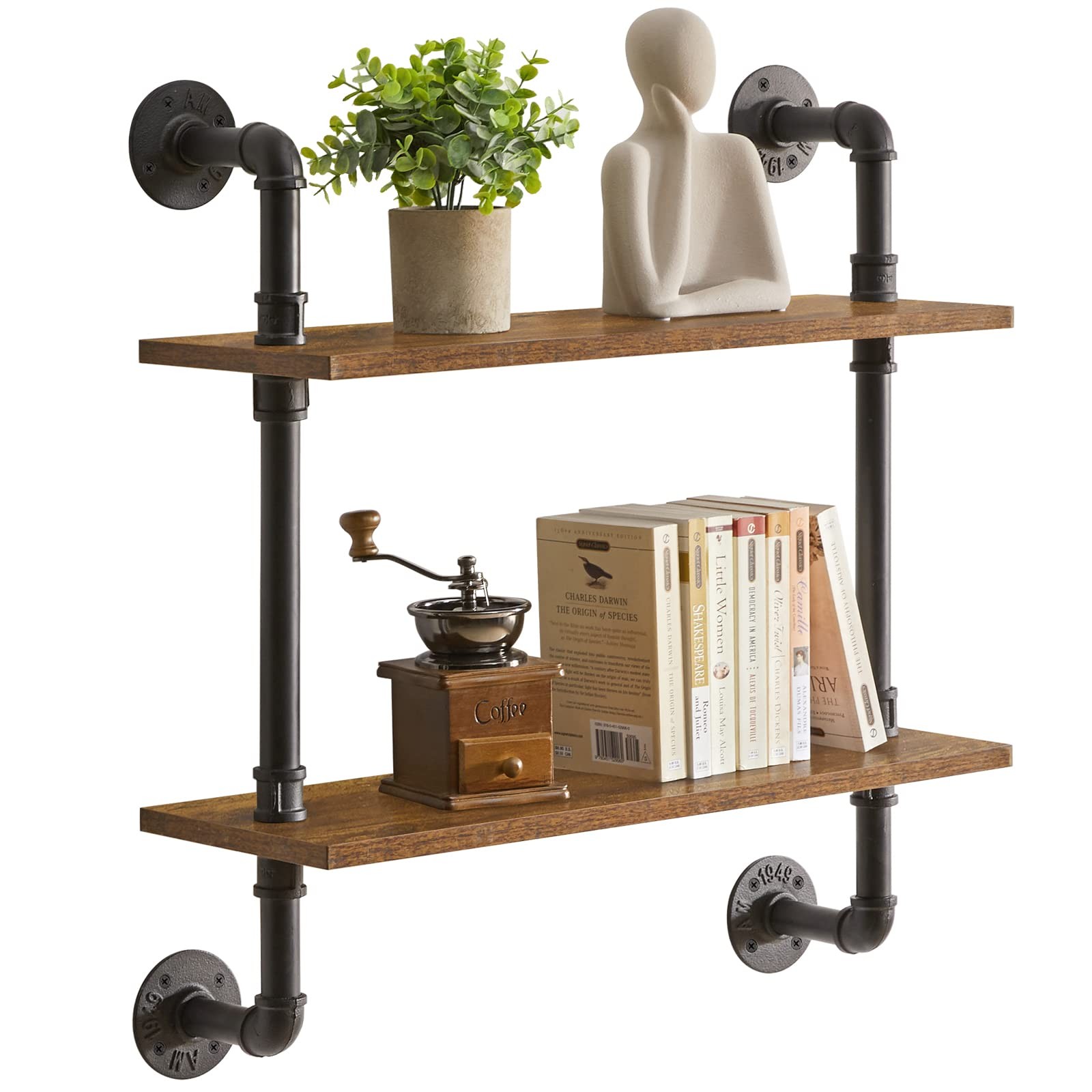 Industrial Pipe Shelf Bracket, 2 Tiers Retro Wall Mounted Floating Shelf, Woo...