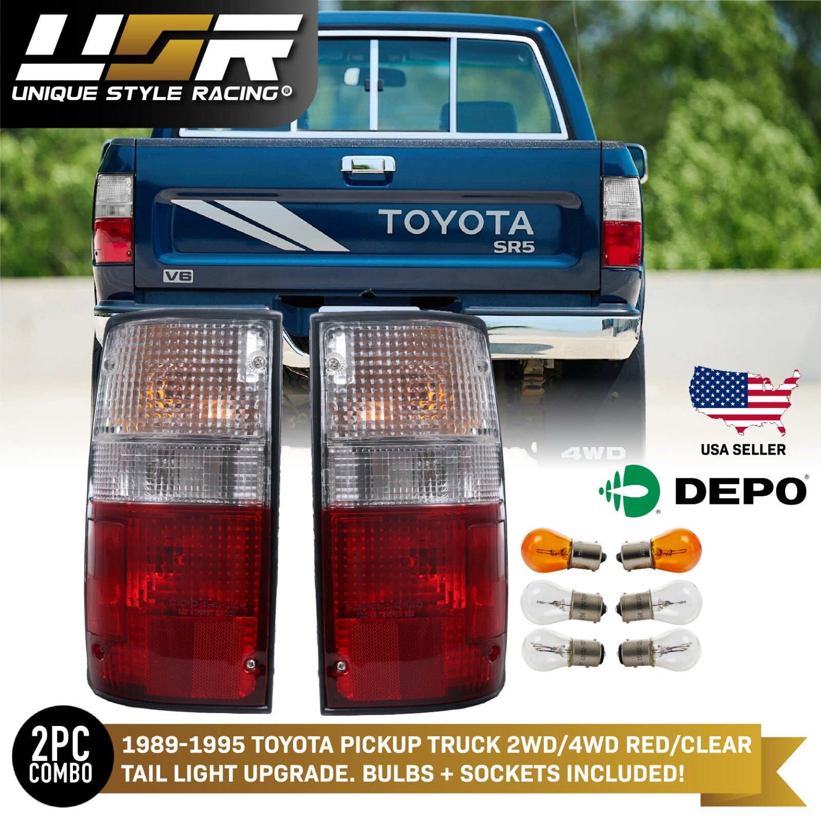 DEPO Red Clear Tail Lights Lamps for 1989-1995 Toyota Pickup Truck 2WD & 4WD