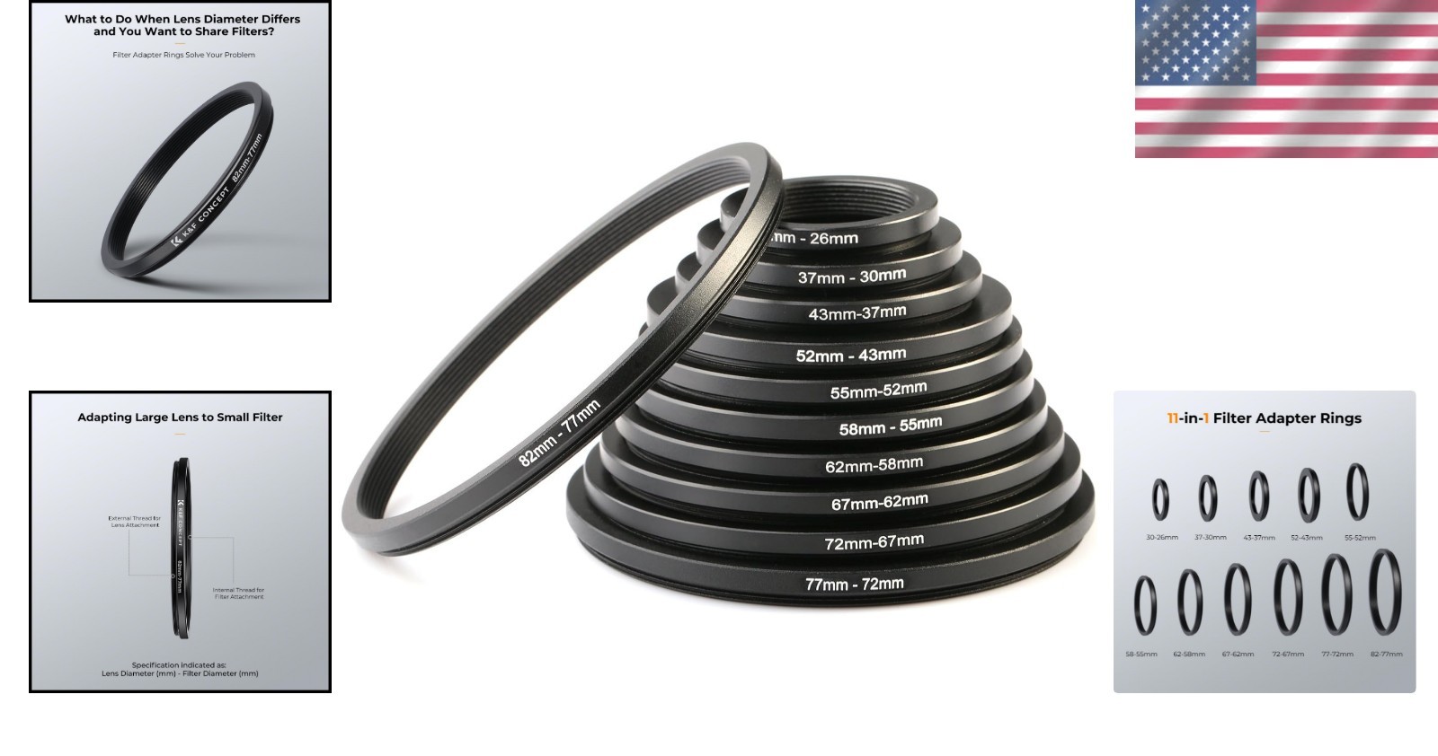 11Pc Lens Filter Adapter Rings Set - Metal Construction