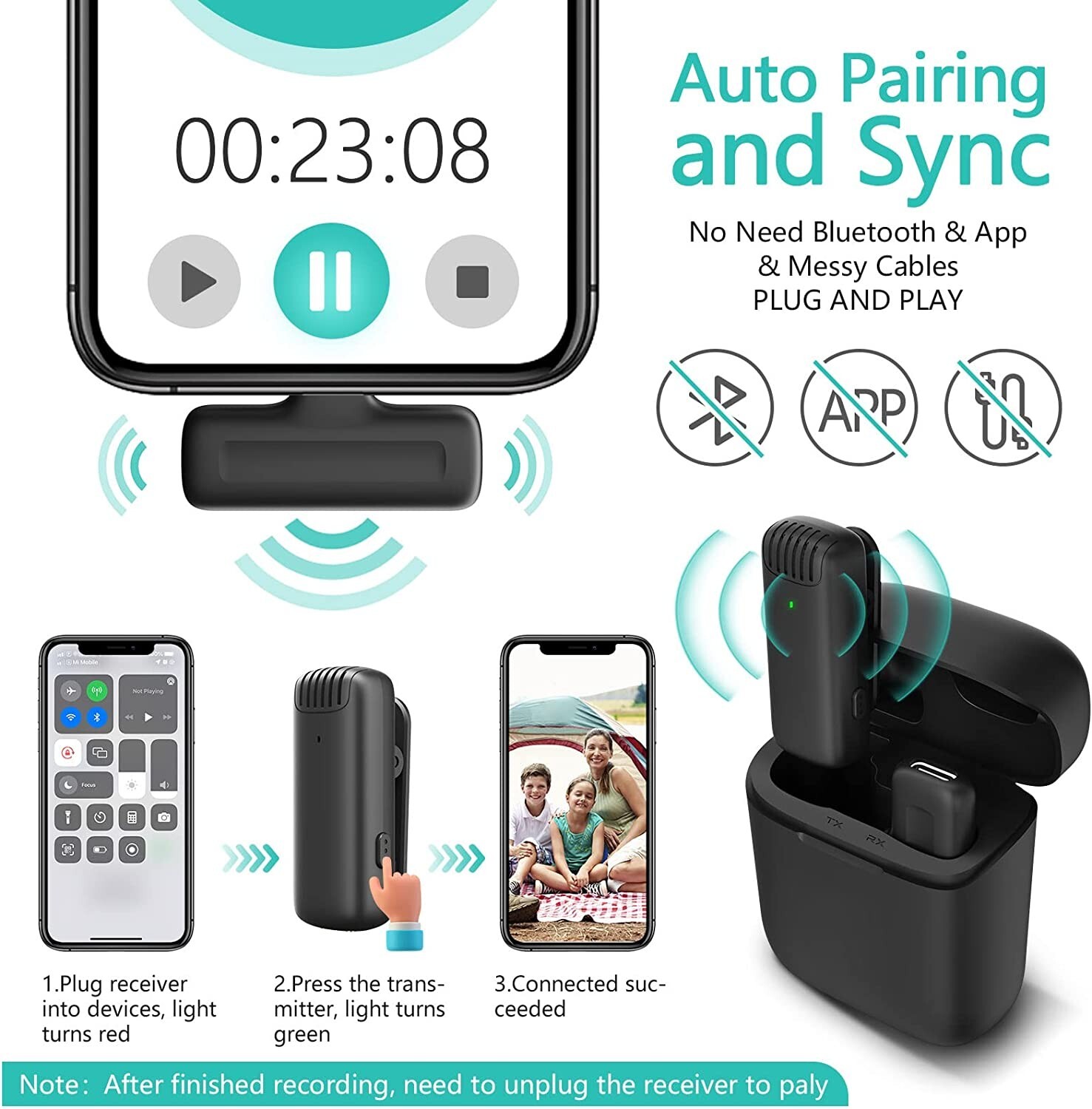 Wireless Lavalier Microphone For iPhone iPads Video Recording, Live Streaming US