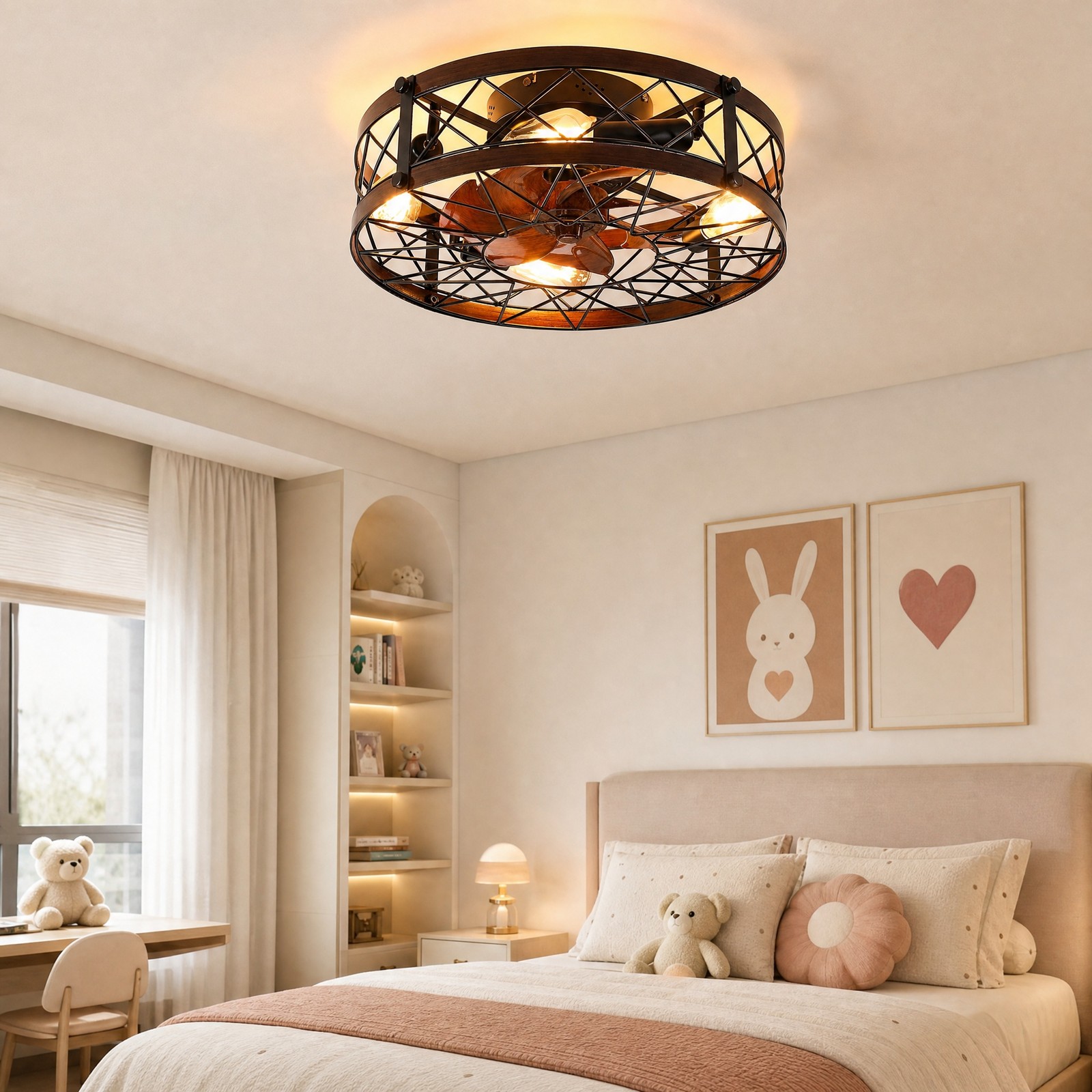 20 inch Rustic Black Caged LED Ceiling Fan with Light Flush Mount Remote Control
