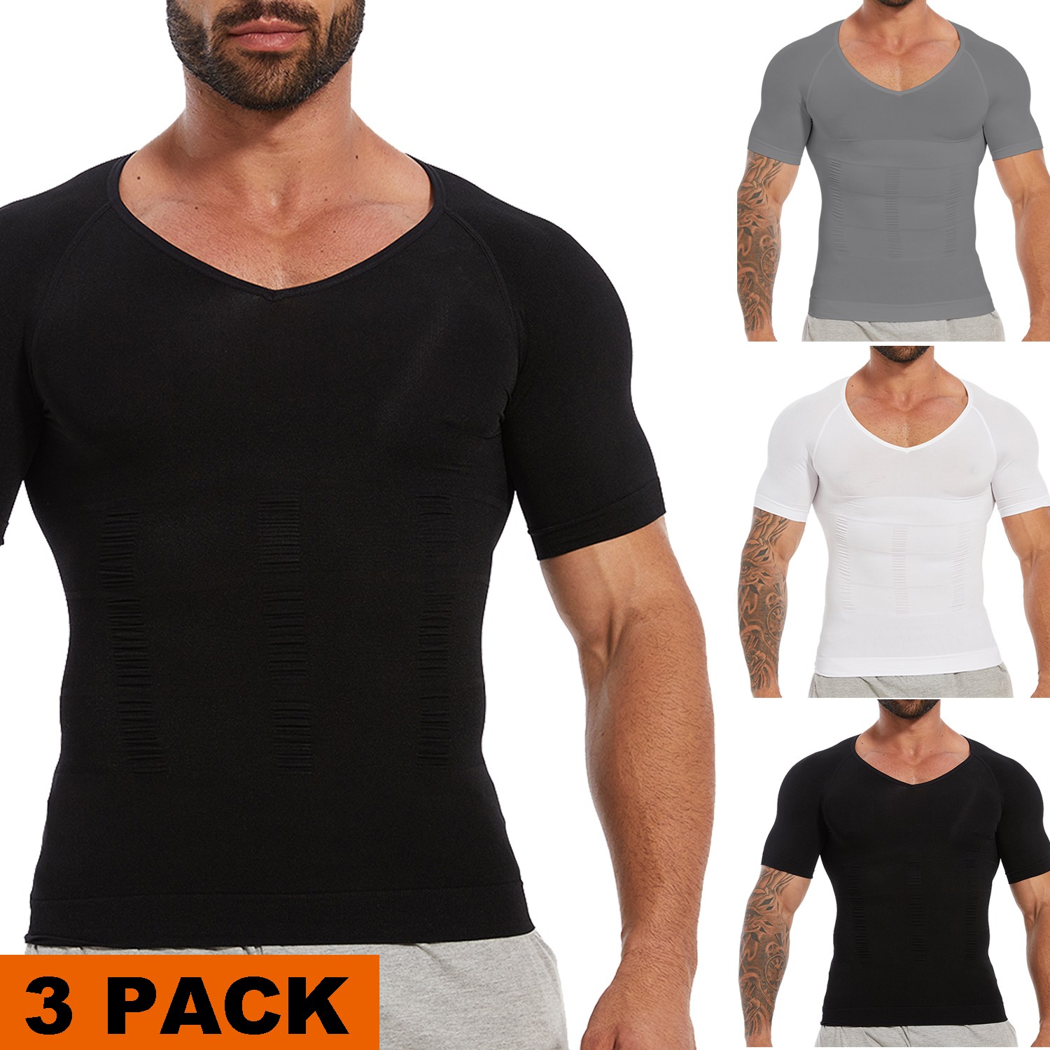 3 PACK Men Compression Short Sleeve V-Neck Shirt Tummy Control Shapewear Sports