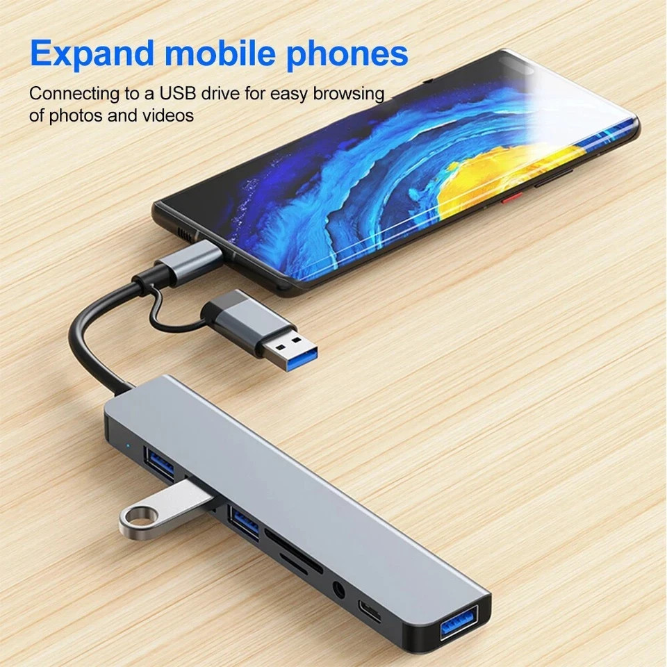 8 Port USB-C Hub Type Adapter 5G Speed Multi USB Splitter for PC Laptop Macbook