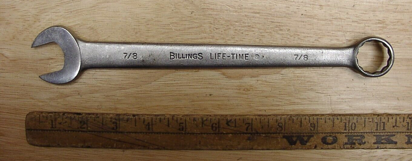 Vntg Billings Life-Time L1167  Combo Open & 12 Pt Box Wrench,7/8" X 10-7/8",EXC