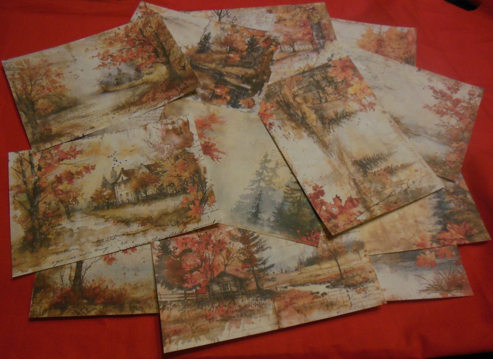 Set of 16 LARGE Fall Scenes  Water Color Images junk journal, scrapbook cards