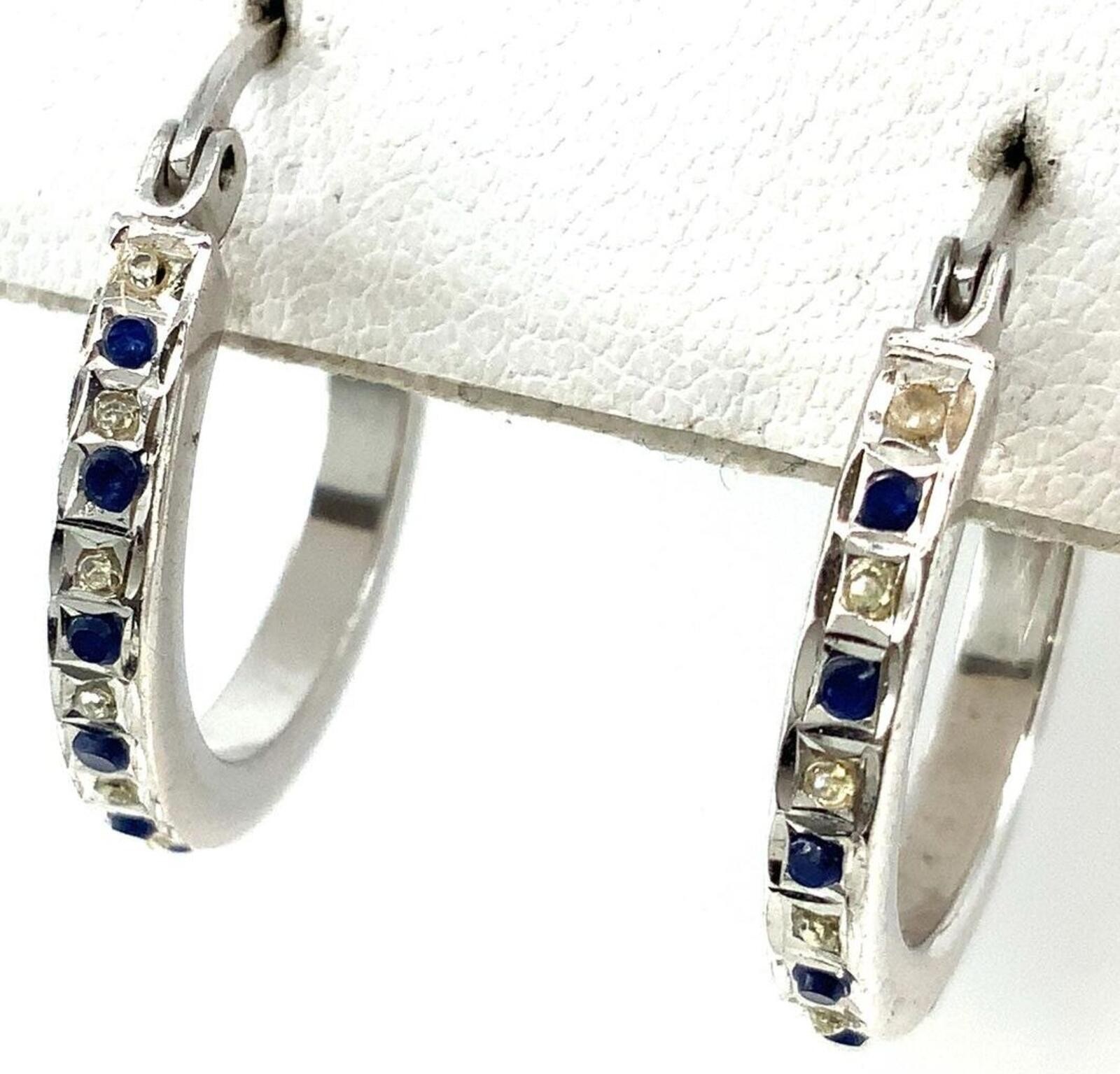 Vintage SLC Sterling Silver Modernist Hoop Earrings Blue White Glass Accents