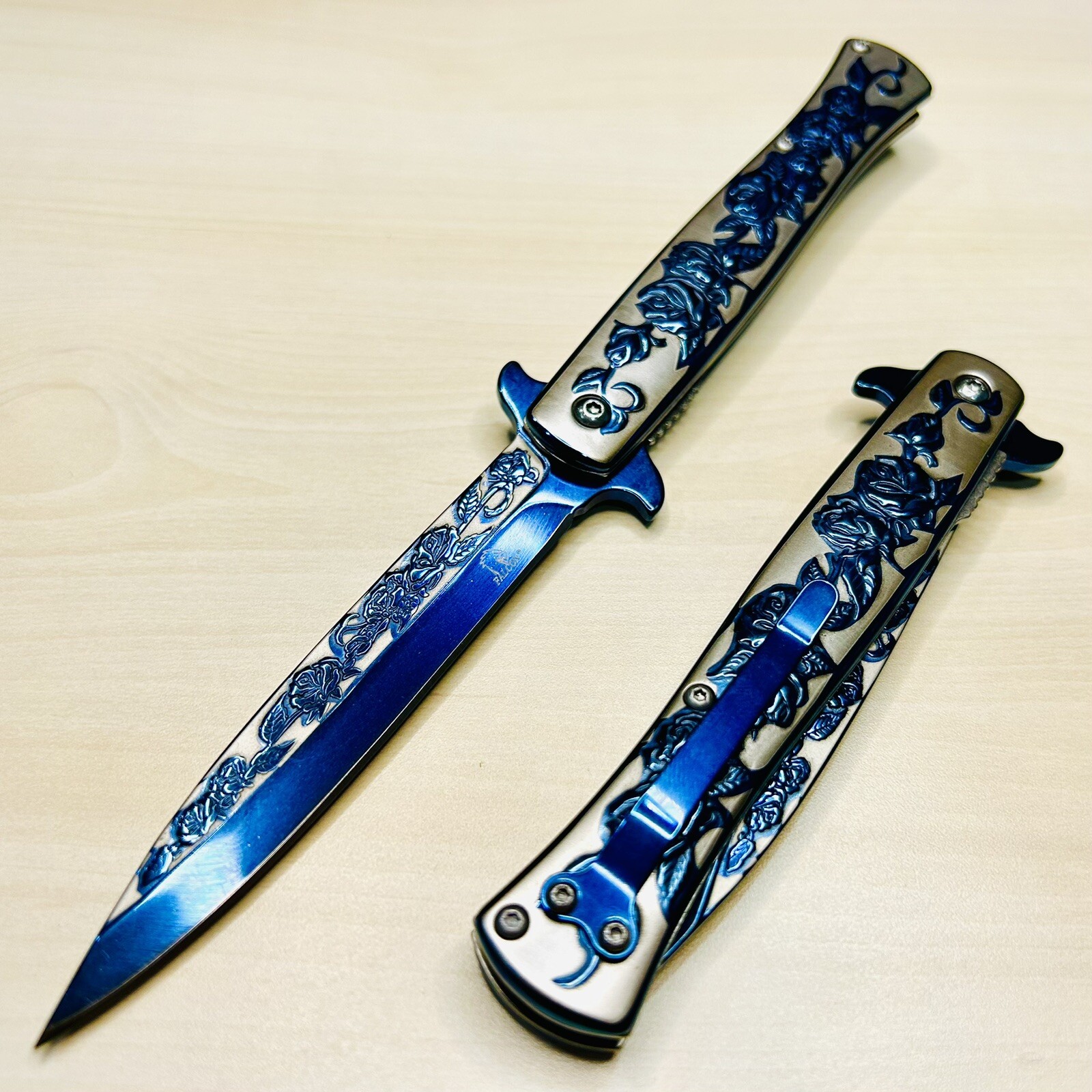 9” Blue Rose Knife Tactical Spring Assisted Open Blade Folding Pocket Knife