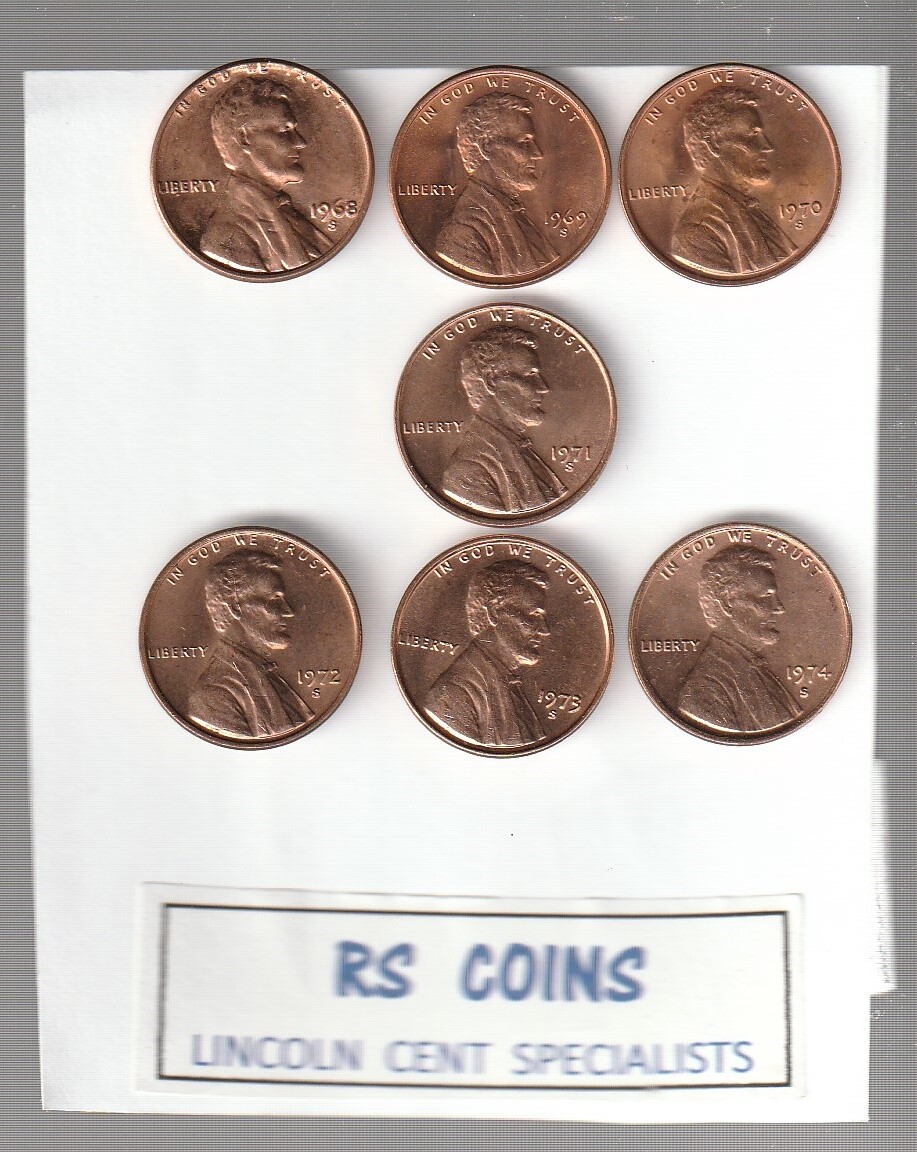 wow!  get every LINCOLN CENT   1968S  thru  1974S  = 7 CHOICE UNCIRCULATED COINS