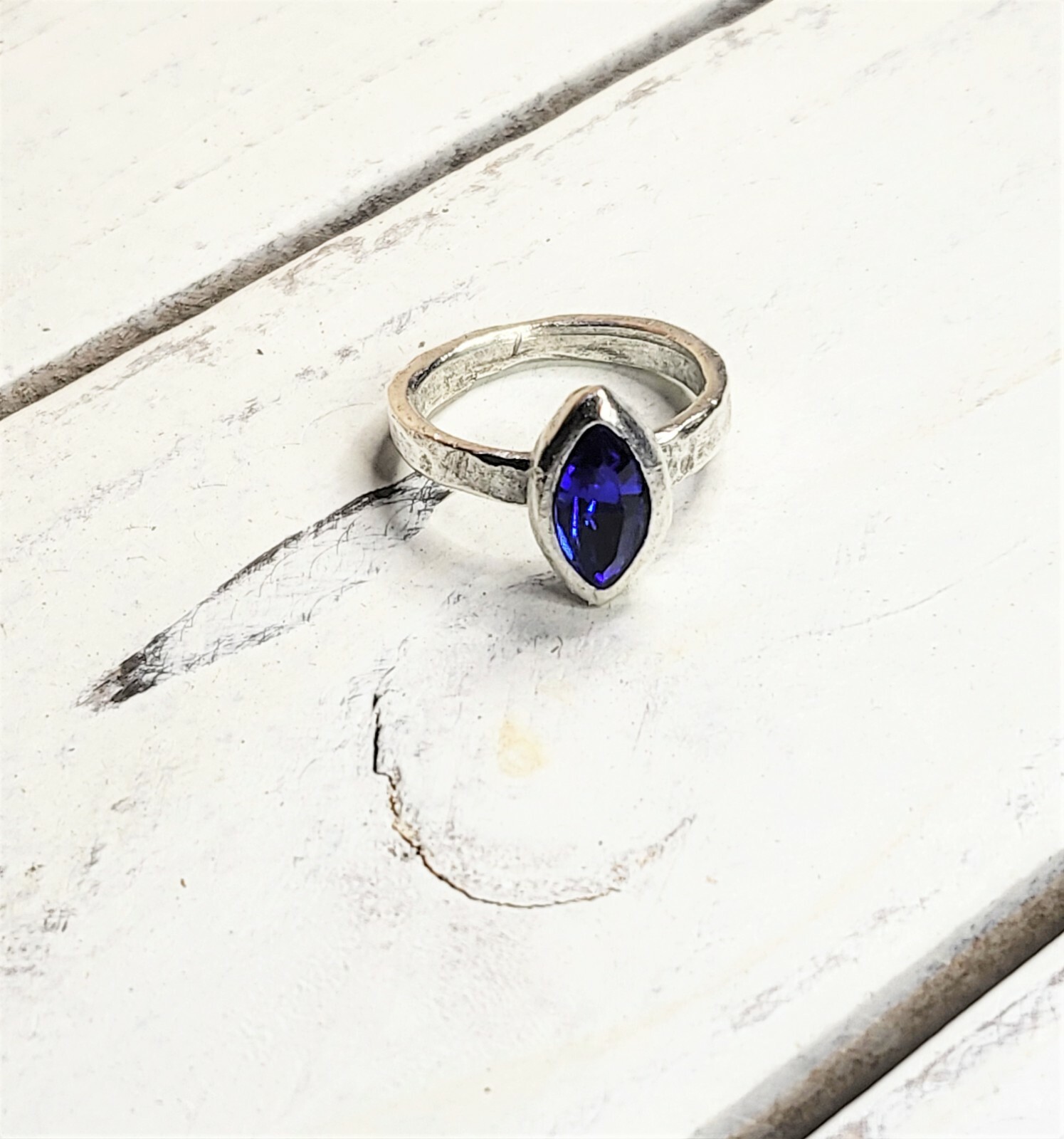Hammered Silver Rings with Crystal Navette, size 7 Handcrafted