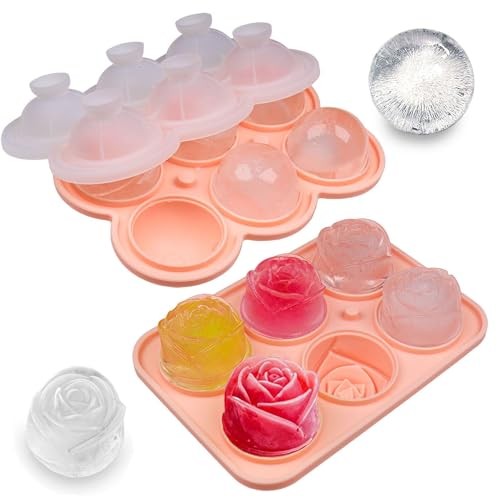 2 Pack Silicone Ice Cube Trays, Pink Rose Ice Cube Mold, Large rose&round