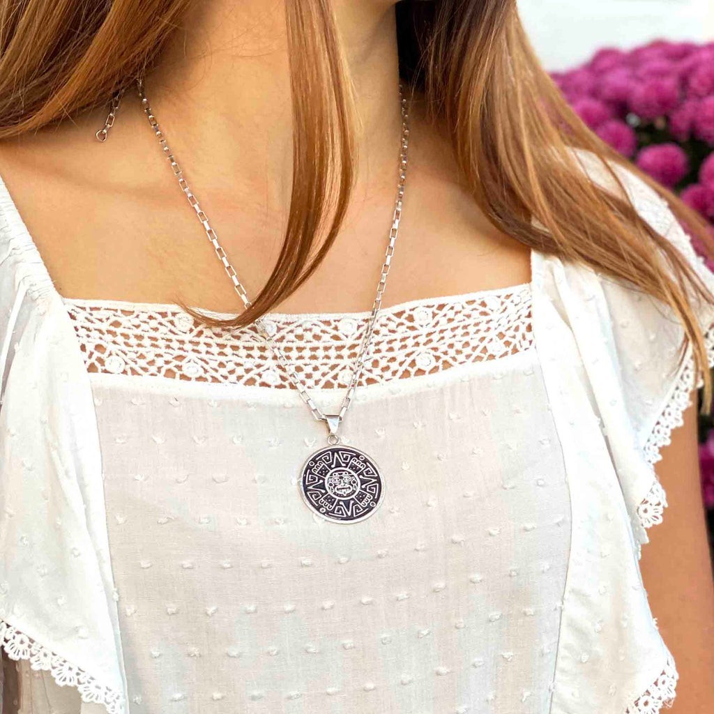 Alpaca Silver Aztec Face Pendant with Chain