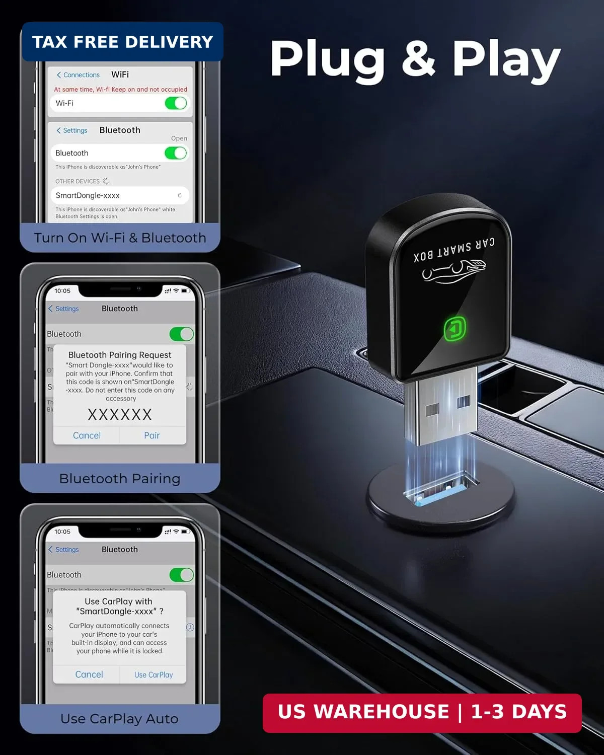 Wireless Carplay Adapter for iPhone Latest Upgrade, Tiny Bluetooth Receiver Conv