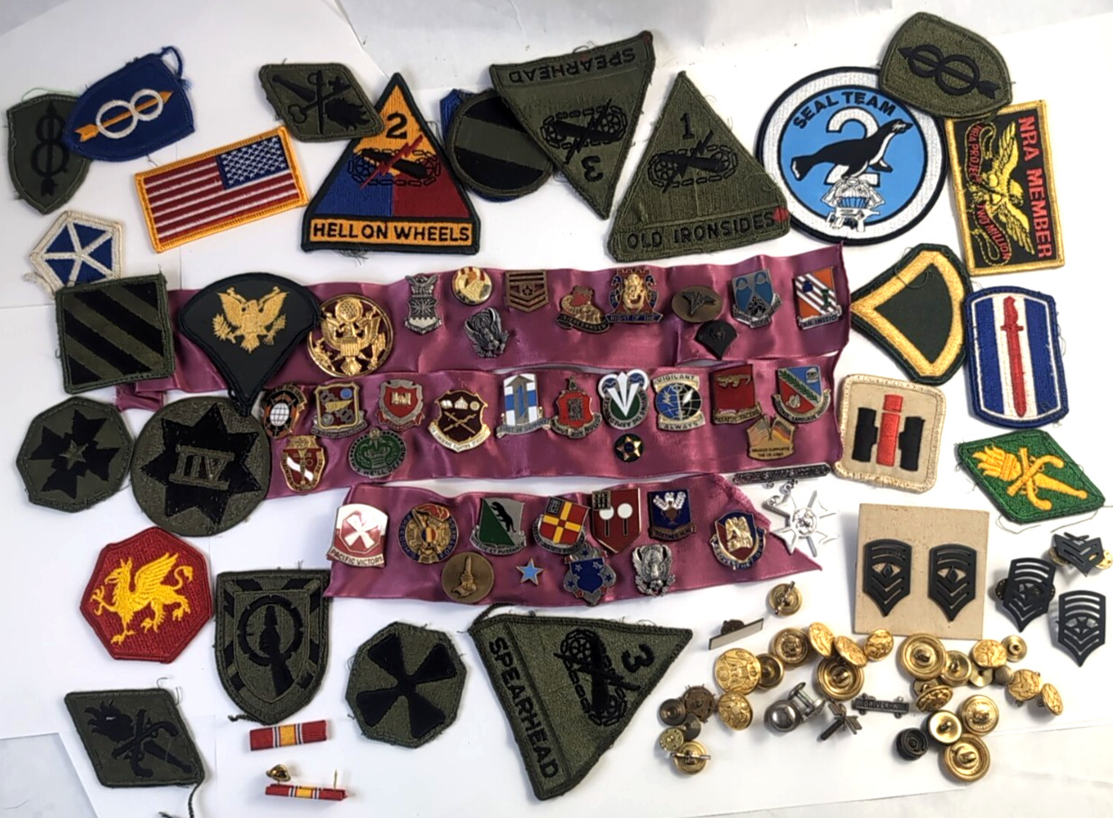 Huge Lot Of 90+ Military Medals, Pins Ribbon Bars Coat Buttons Army Patches ROTC