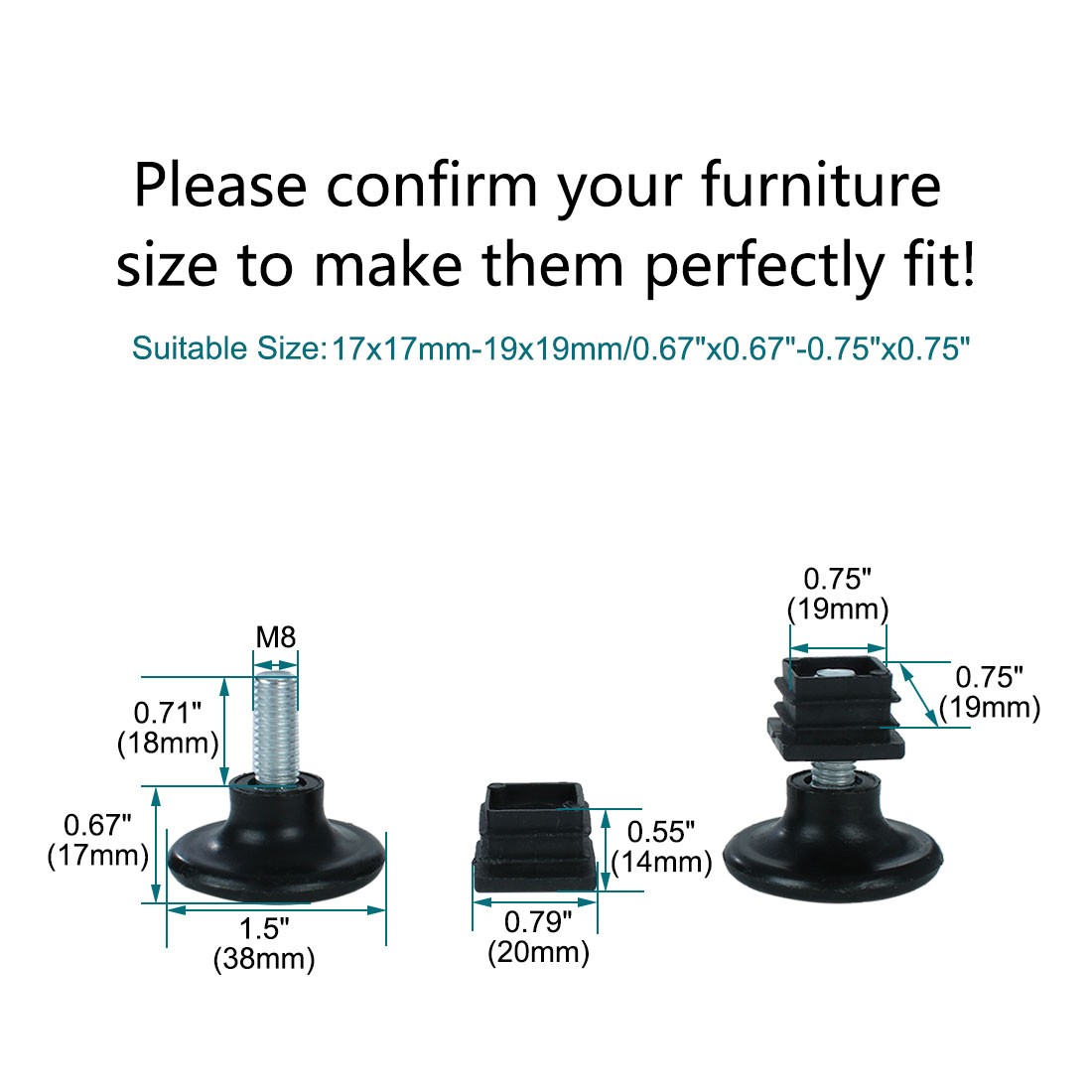 Adjustable Feet 20 x 20mm Square Inserts Furniture Glide 4 Sets