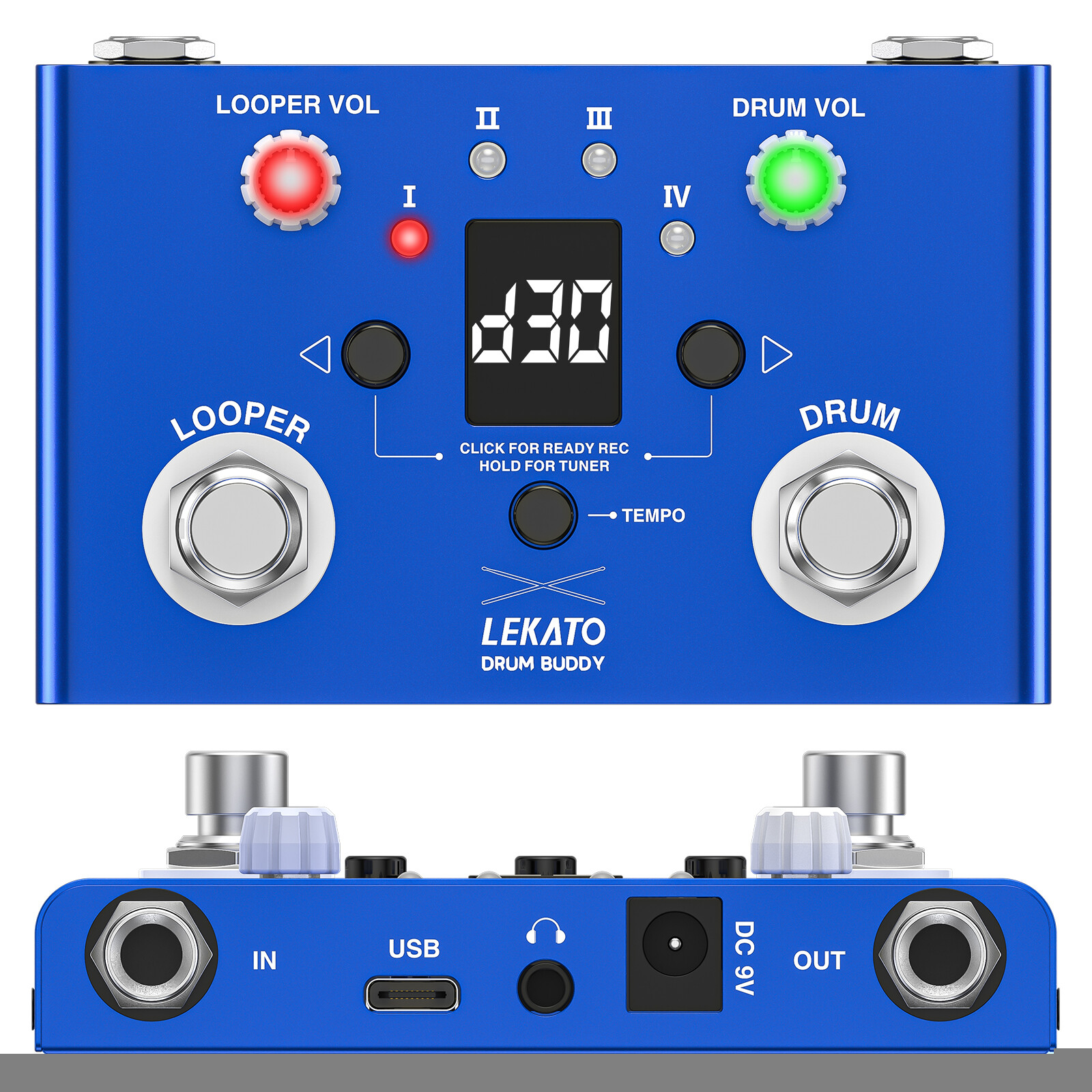 LEKATO Drum Looper Pedal 3-in-1 Machine Tuner 4 Loop Recording 30 Drum Rhythms