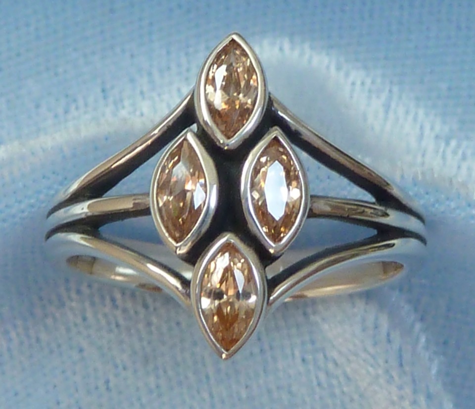 Vintage Sterling Ring, 5 X 3mm Champagne CZ's  Konder #559