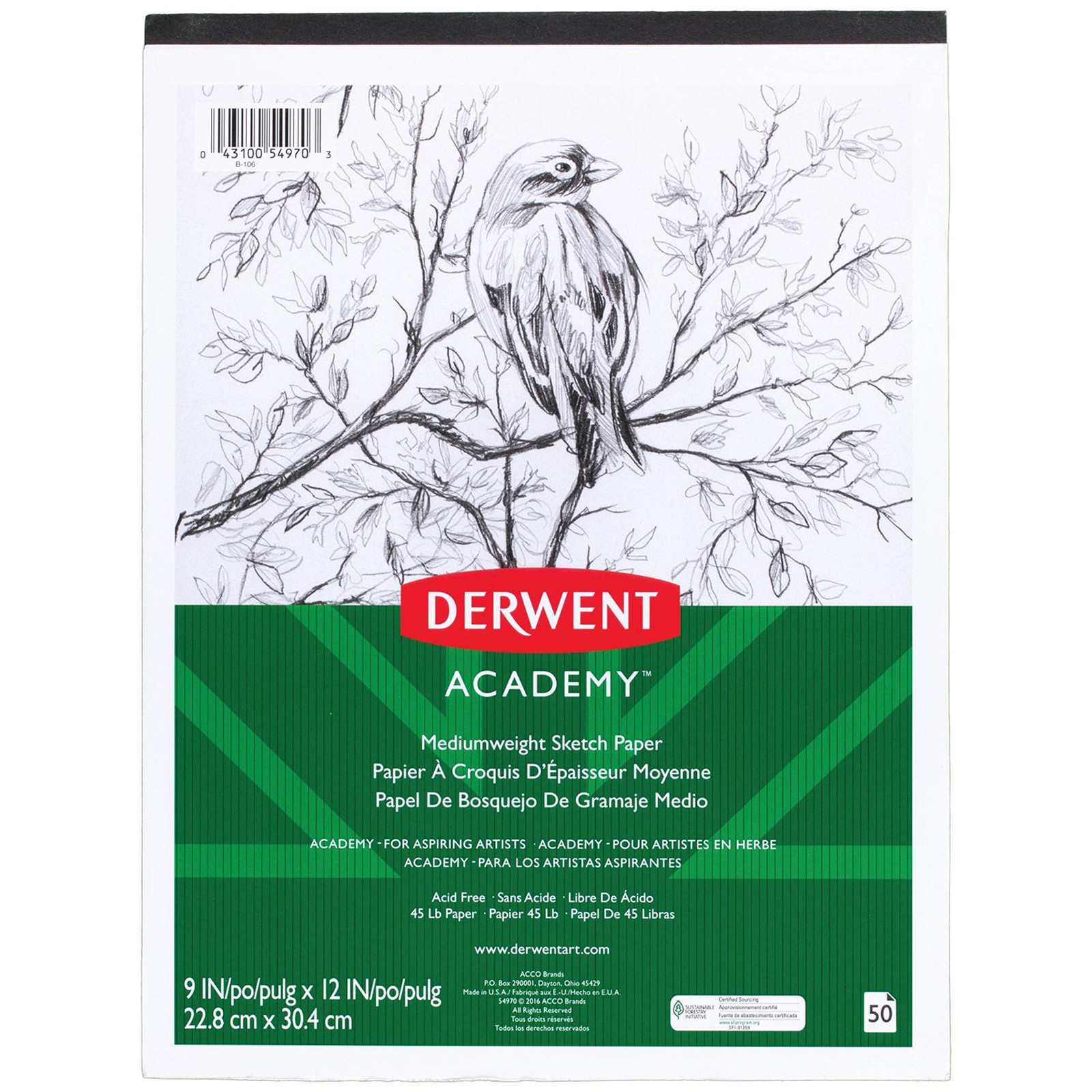 Derwent Academy Sketch Pad, Medium Weight Paper, 50 Sheets, 9" x 12" (54970)