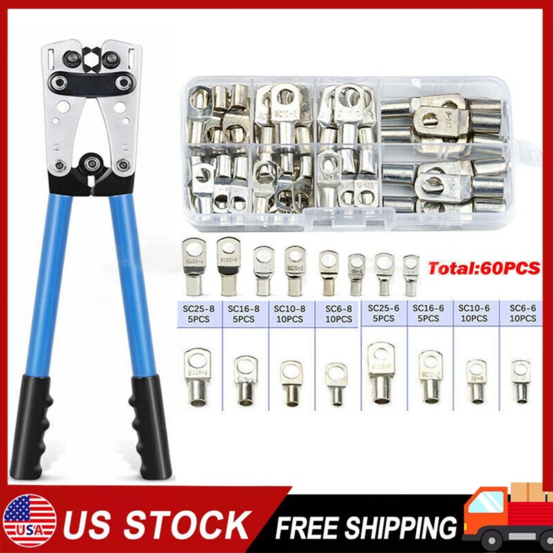 Battery Cable Lug Crimping Tool 10-1 AWG with 60Pcs Copper Ring Terminals US