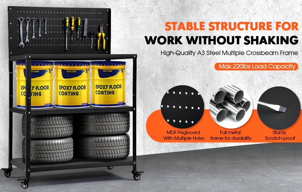 3-TIER HEAVY DUTY WORKBENCH WITH PEGBOARD LOCKABLE WHEELS FOR GARAGE WORKSHOP