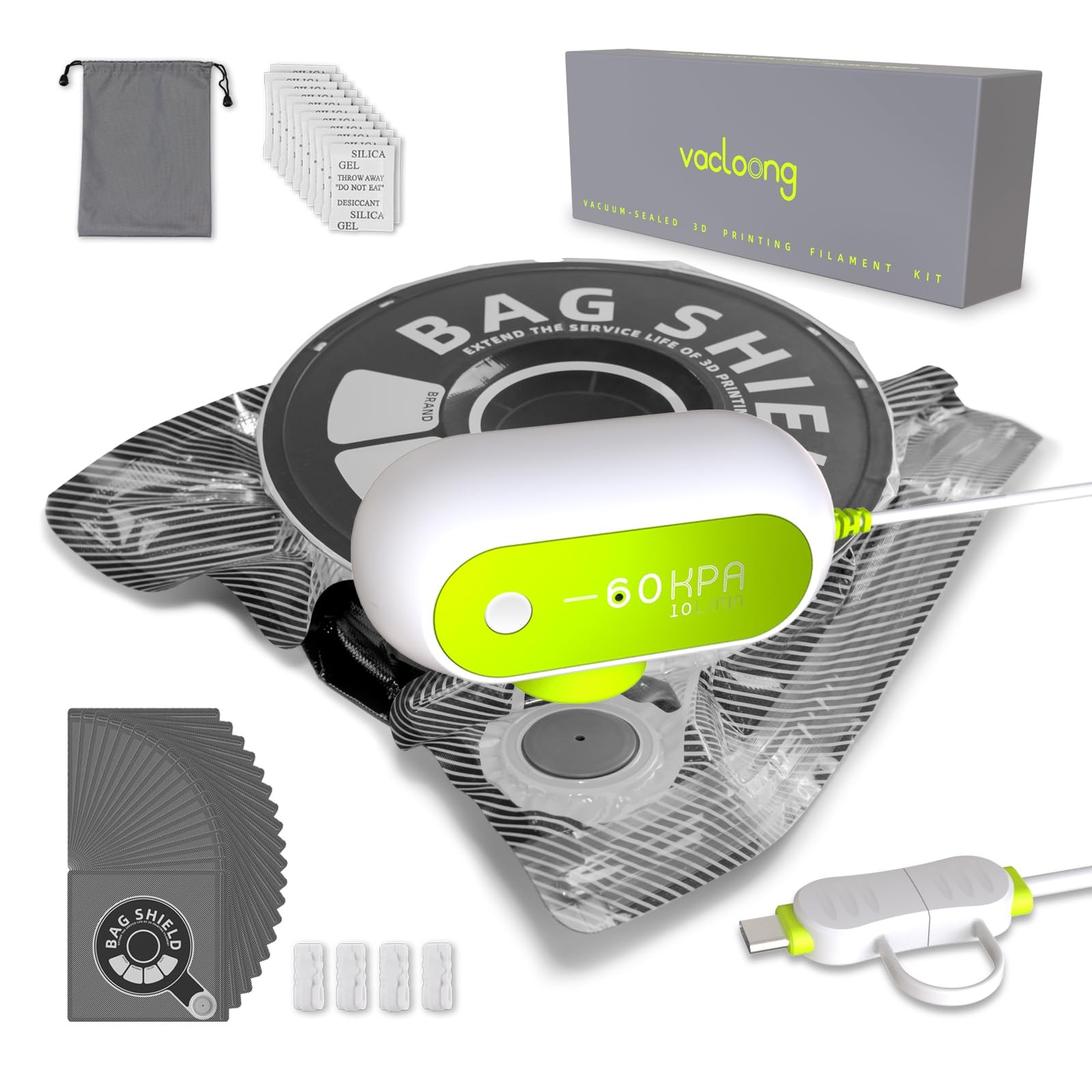 Vacloong Vacuum-Sealed 3D Printing Filament Kit, 20 Packs PUMP+20P, White