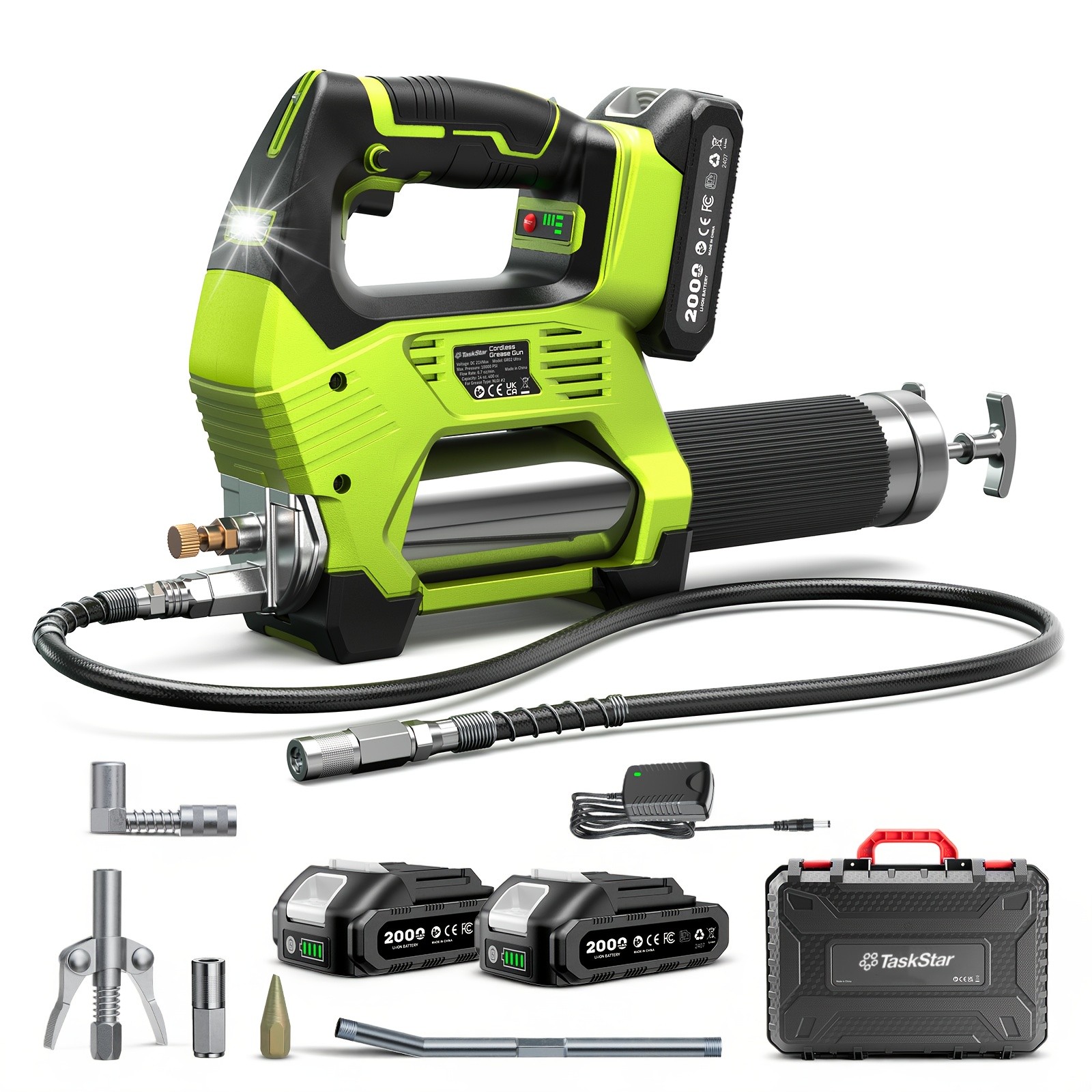 Taskstar 12000 PSI Electric Grease Gun Cordless Grease Gun 6.7 oz/min 2xBattery