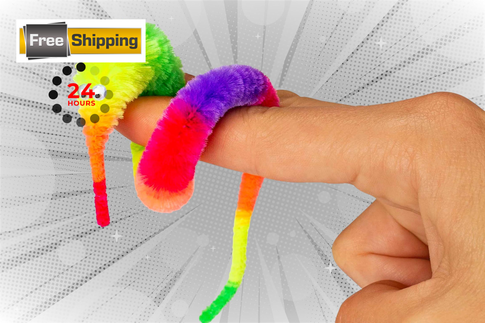 JA-RU Fuzzy Worm Fidget Toy with String Attached (1 Pack) 1 Pack, Multicolor